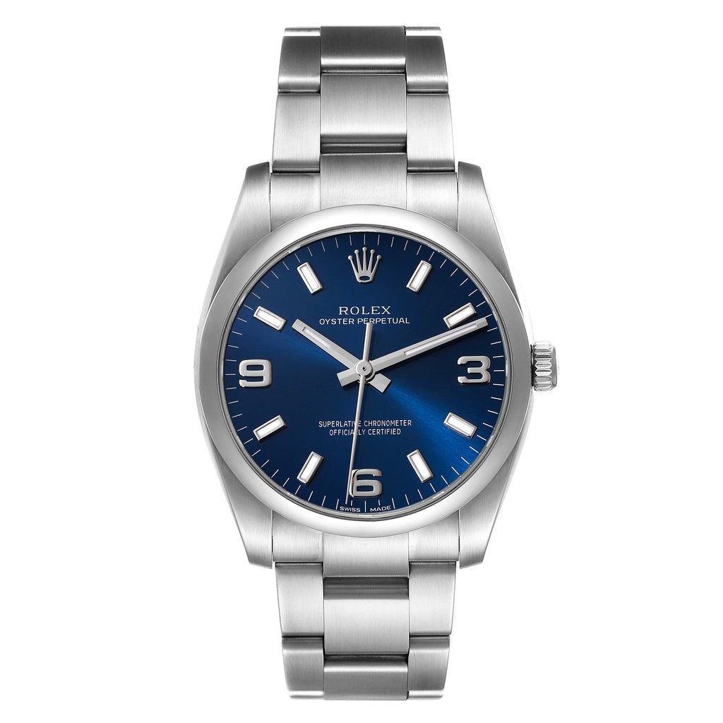 Rolex Air King Blue Dial Smooth Bezel Steel Mens Watch 114200 Box Card