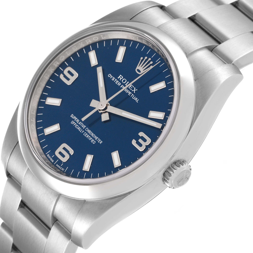 Rolex Air King Blue Dial Smooth Bezel Steel Mens Watch 114200 Box Card