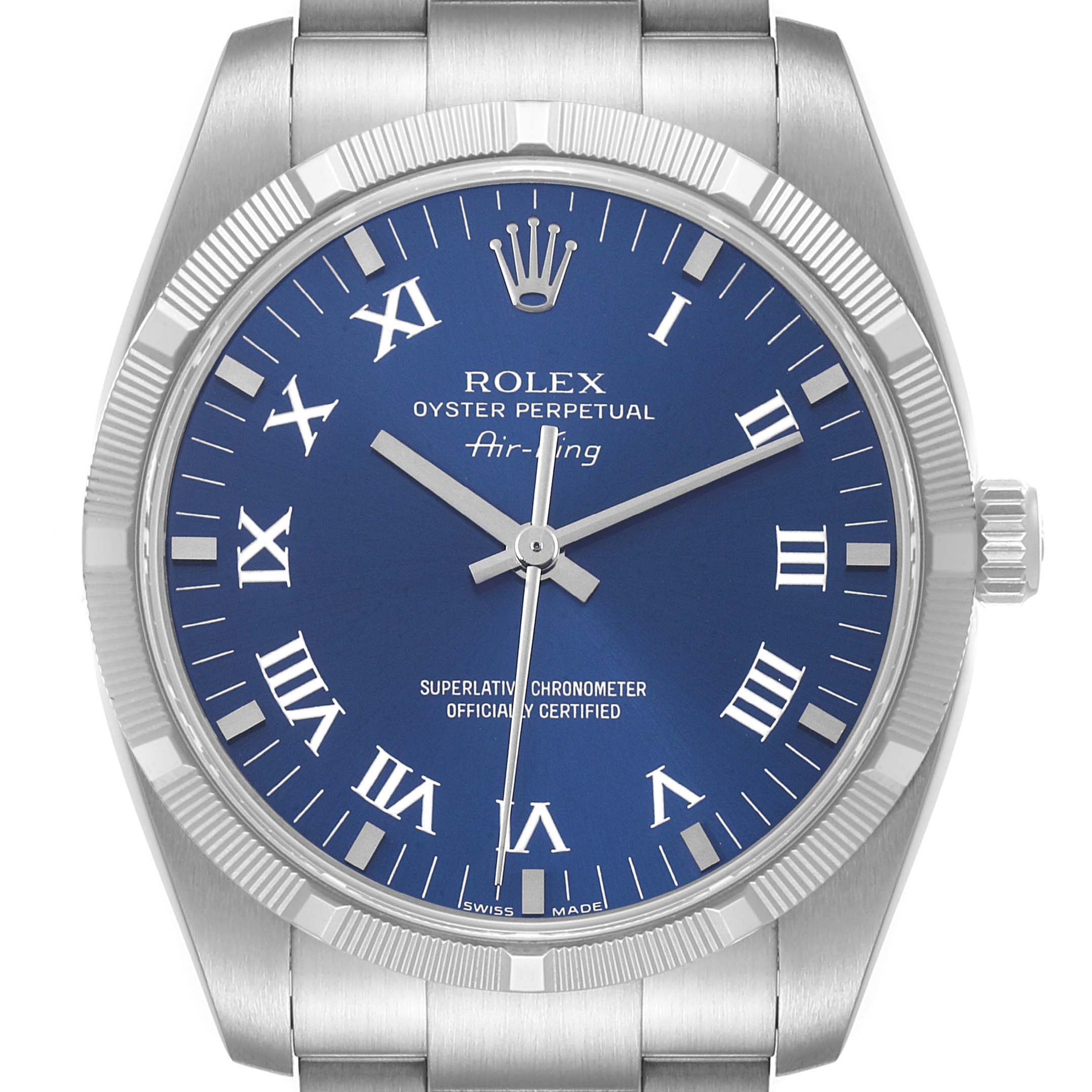 Rolex Air King Blue Roman Dial Steel Mens Watch 114210 Box Card