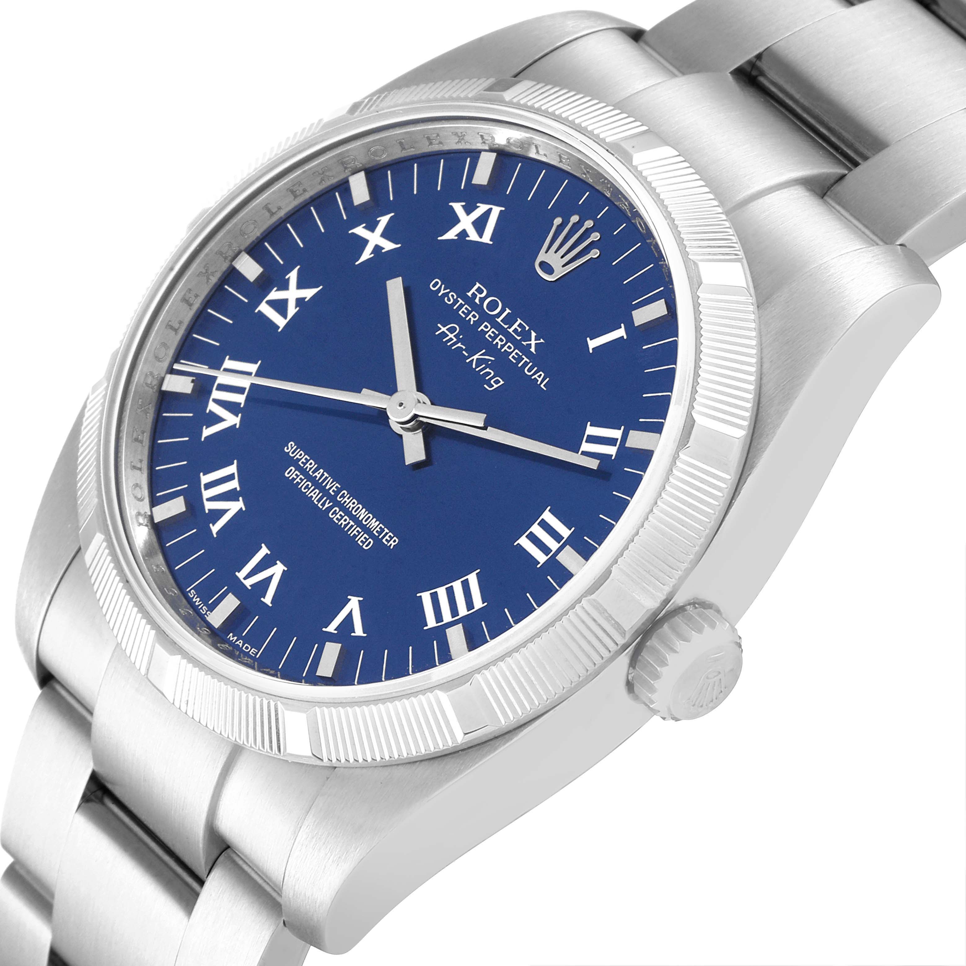 Rolex Air King Blue Roman Dial Steel Mens Watch 114210 Box Card