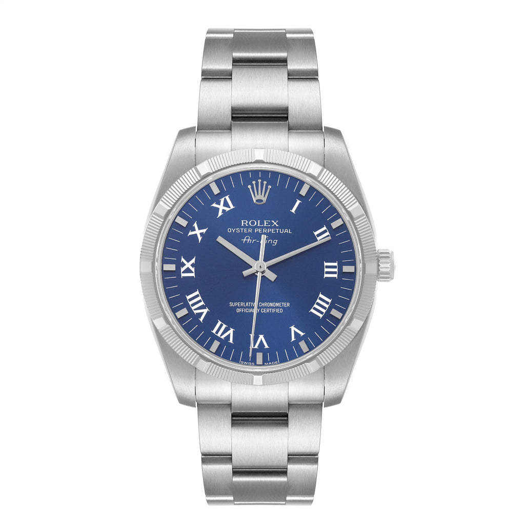 Rolex Air King Blue Roman Dial Steel Mens Watch 114210 Box Card