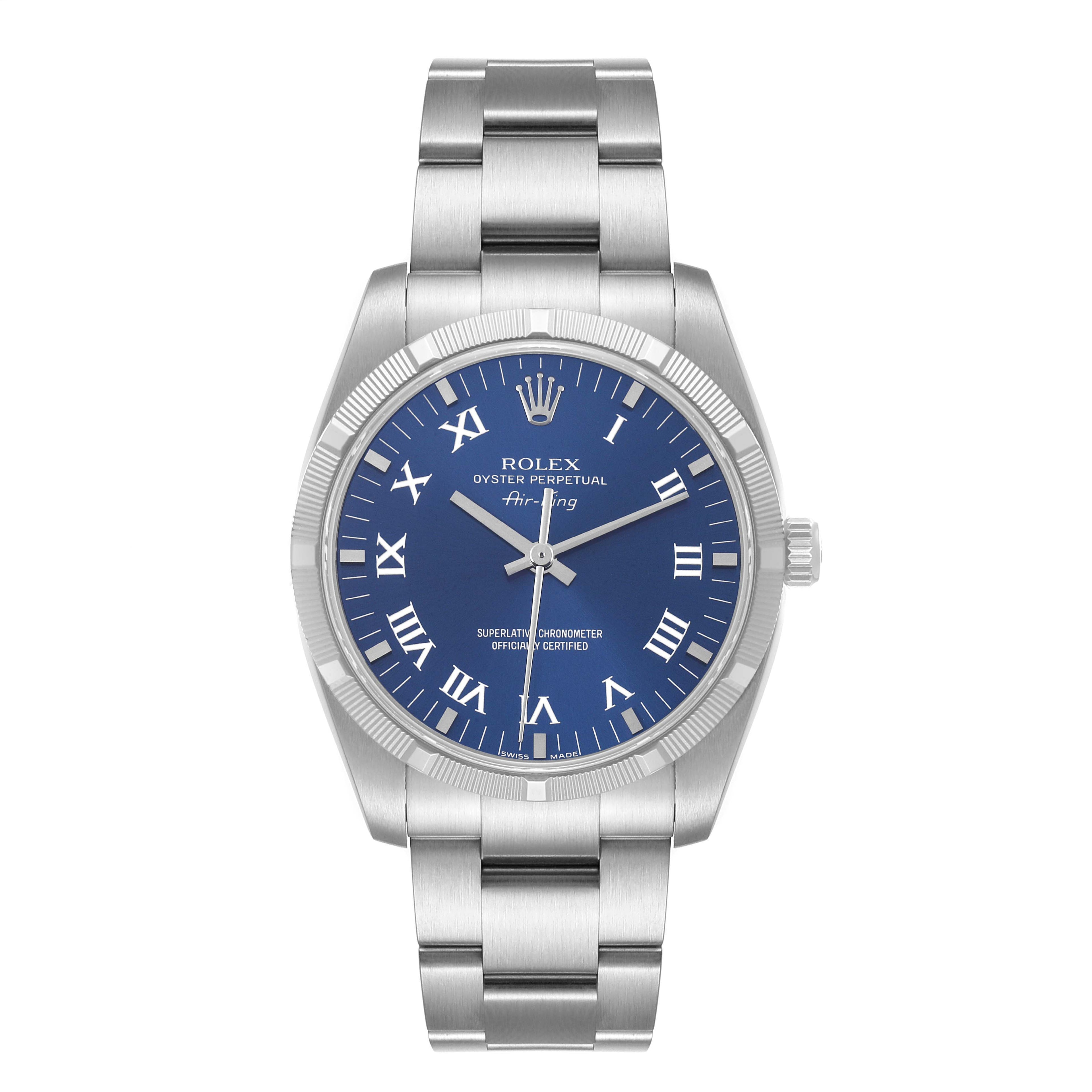 Rolex Air King Blue Roman Dial Steel Mens Watch 114210 Box Card