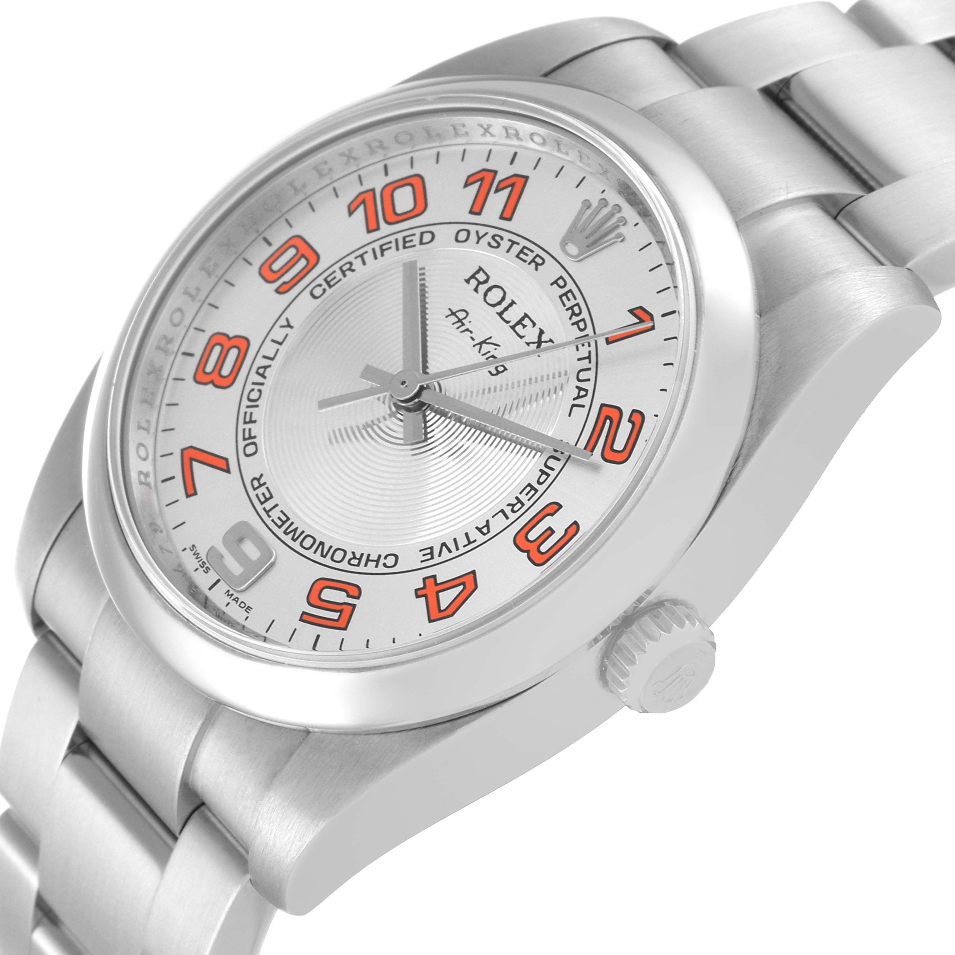 Rolex Air King Concentric Silver Orange Dial Mens Watch 114200