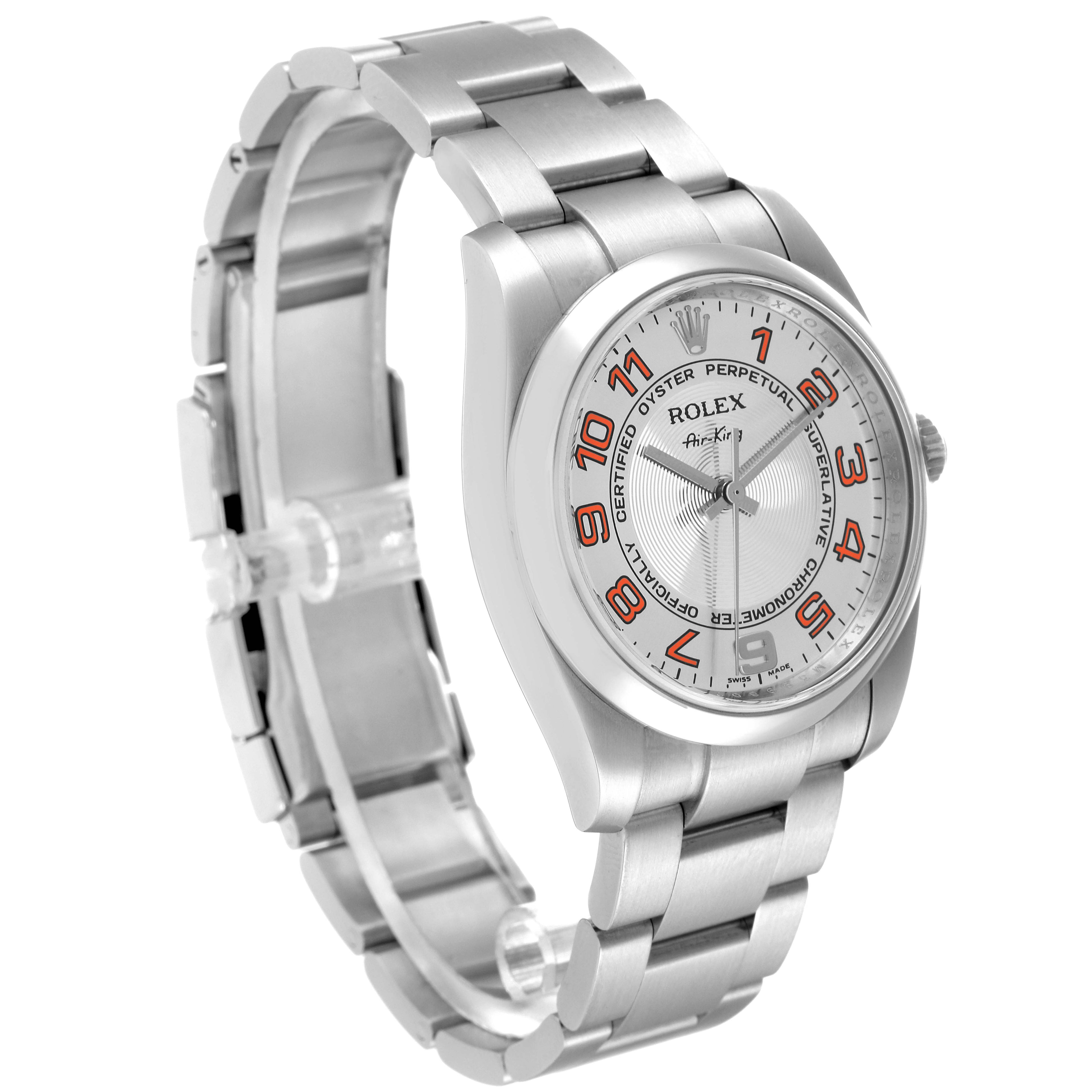 Rolex Air King Concentric Silver Orange Dial Mens Watch 114200 Box Card