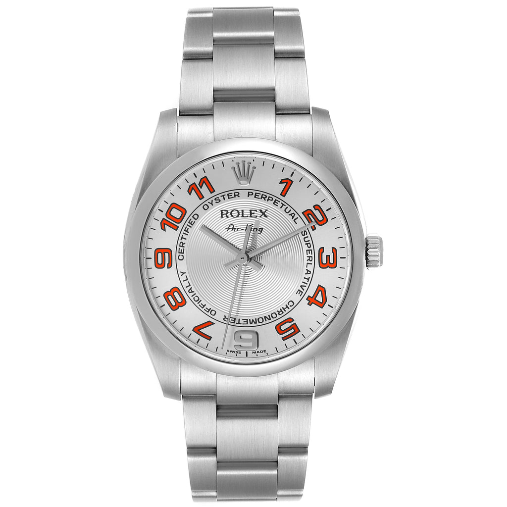 Rolex Air King Concentric Silver Orange Dial Mens Watch 114200 Box Card