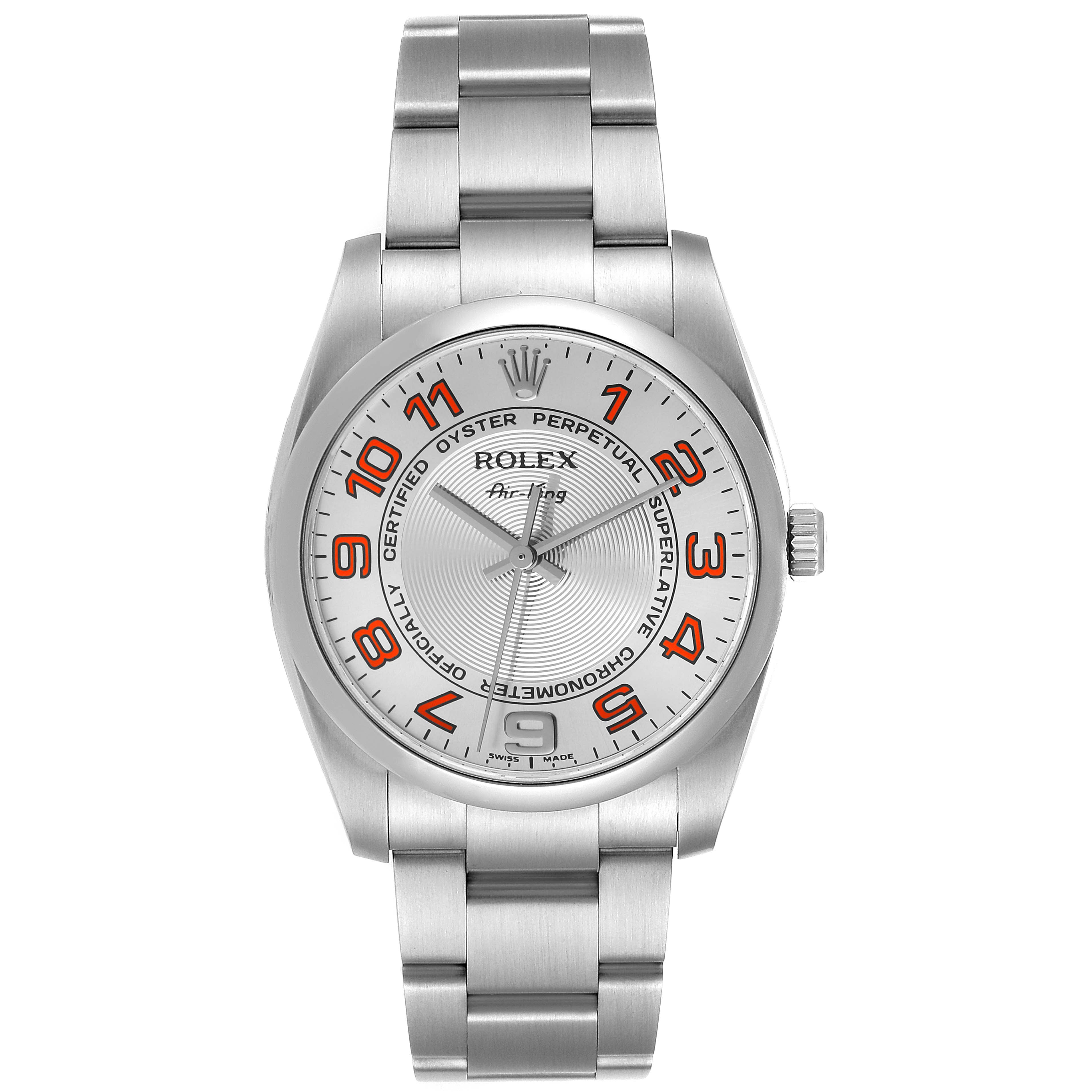 Rolex Air King Concentric Silver Orange Dial Mens Watch 114200 Box Card