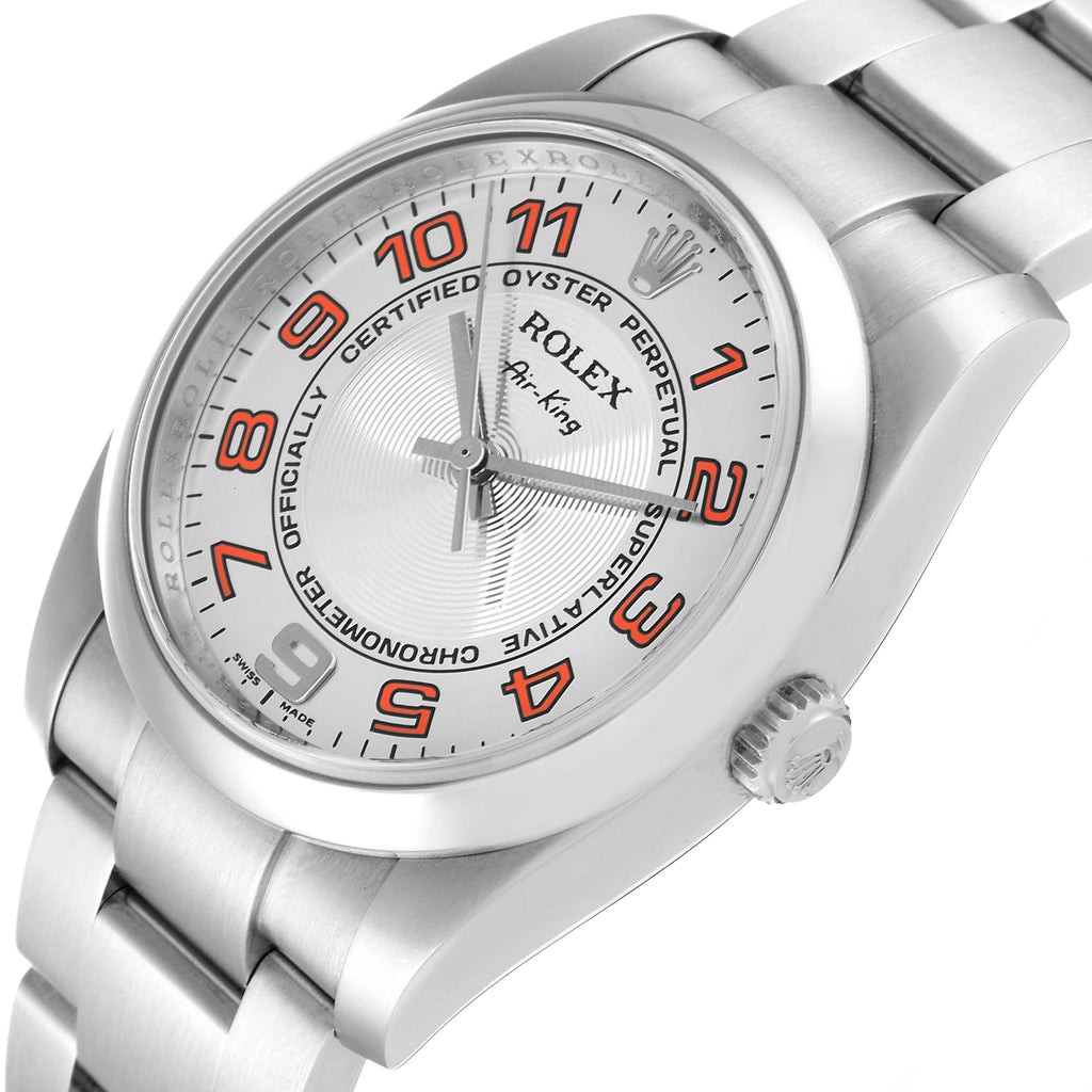 Rolex Air King Concentric Silver Orange Dial Mens Watch 114200 Box Card
