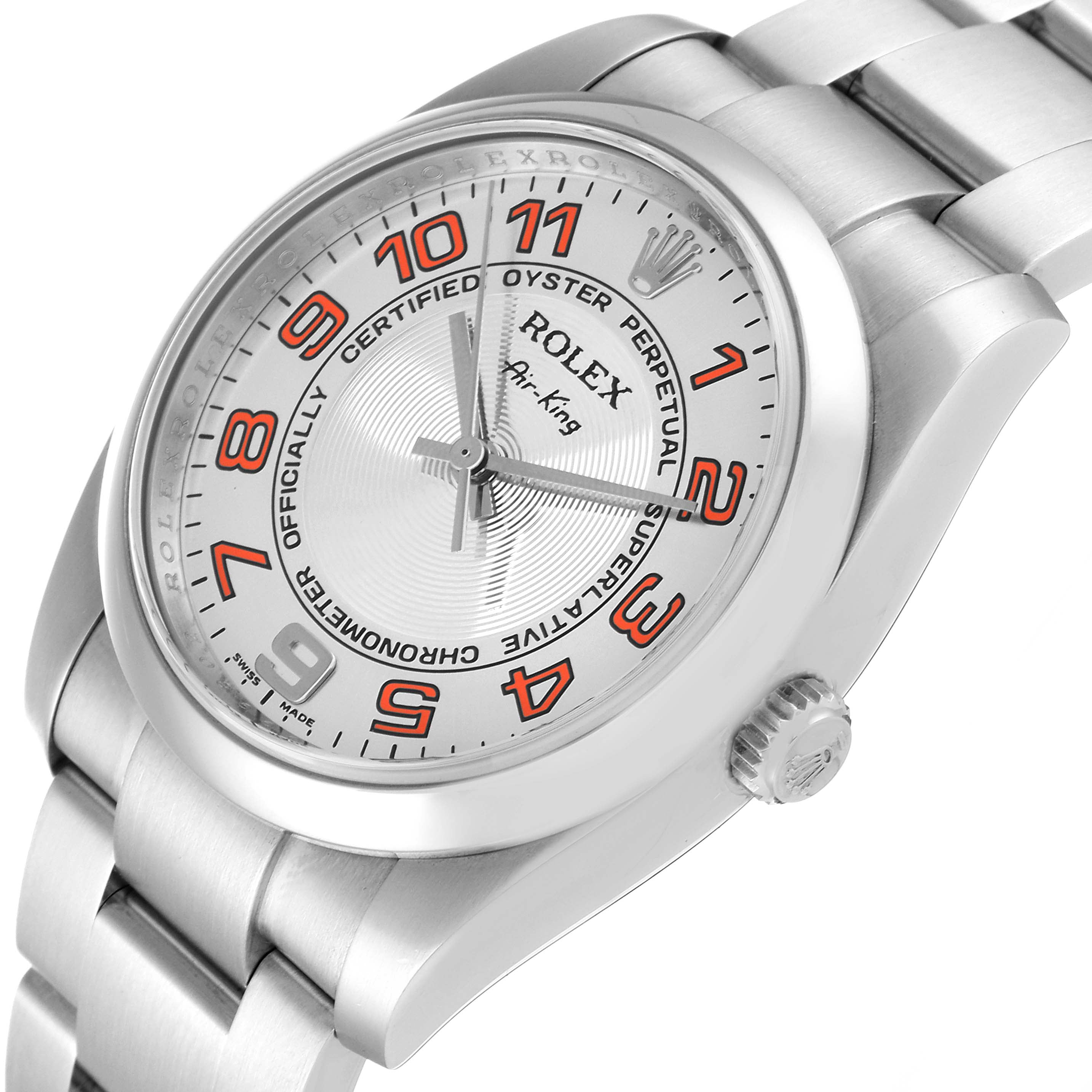 Rolex Air King Concentric Silver Orange Dial Mens Watch 114200 Box Card