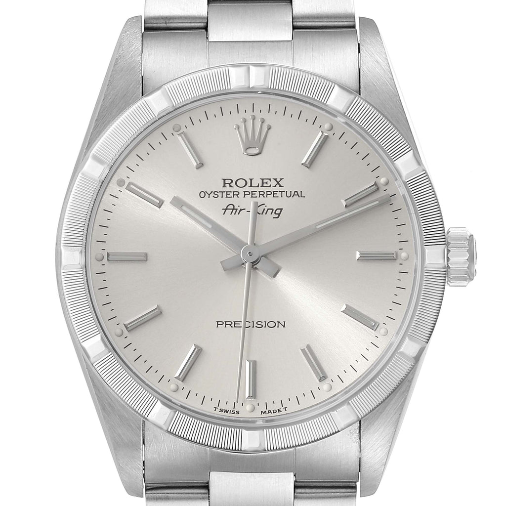 Rolex Air King Silver Dial 34mm Engine Turned Bezel Steel Mens Watch 14010