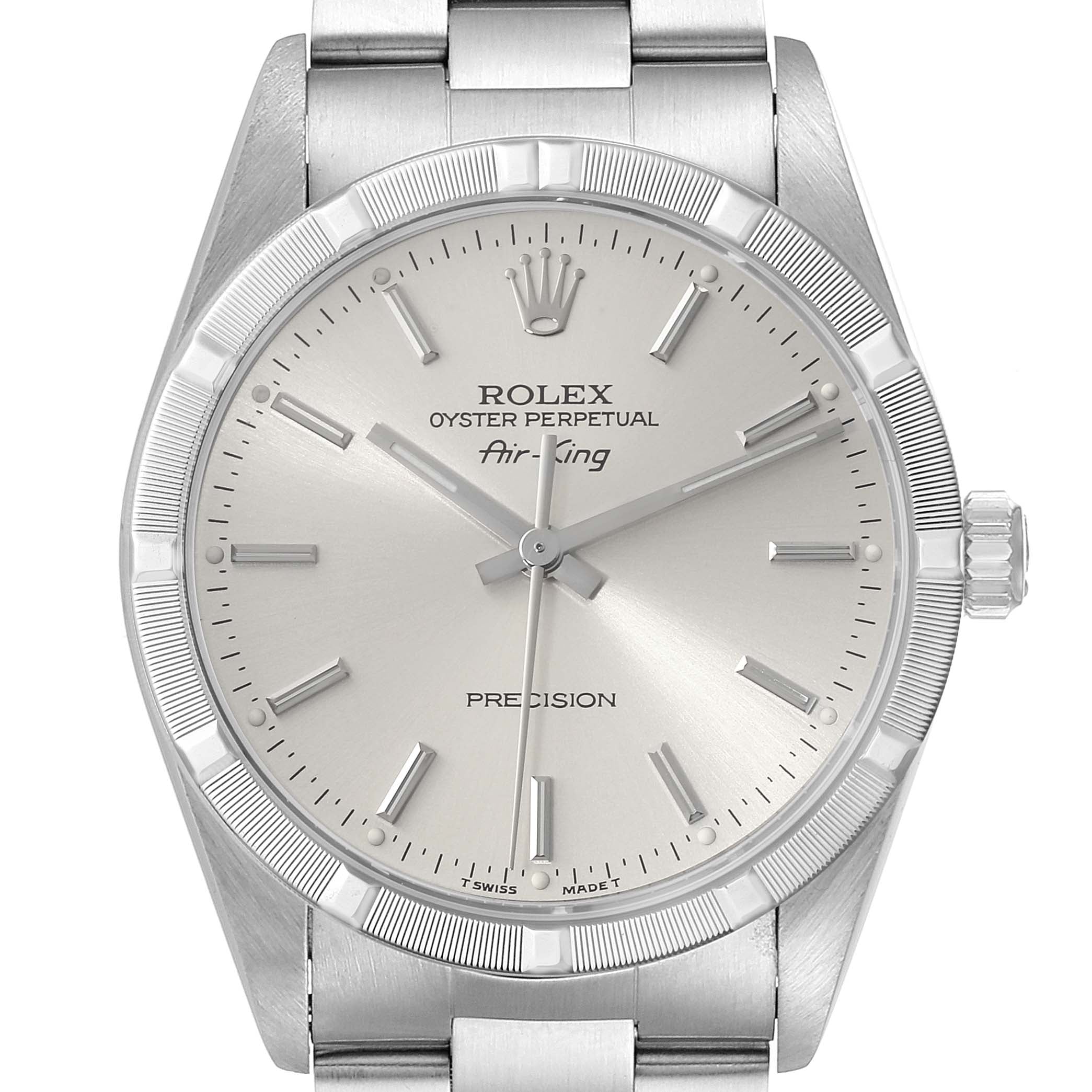 Rolex Air King Silver Dial 34mm Engine Turned Bezel Steel Mens Watch 14010