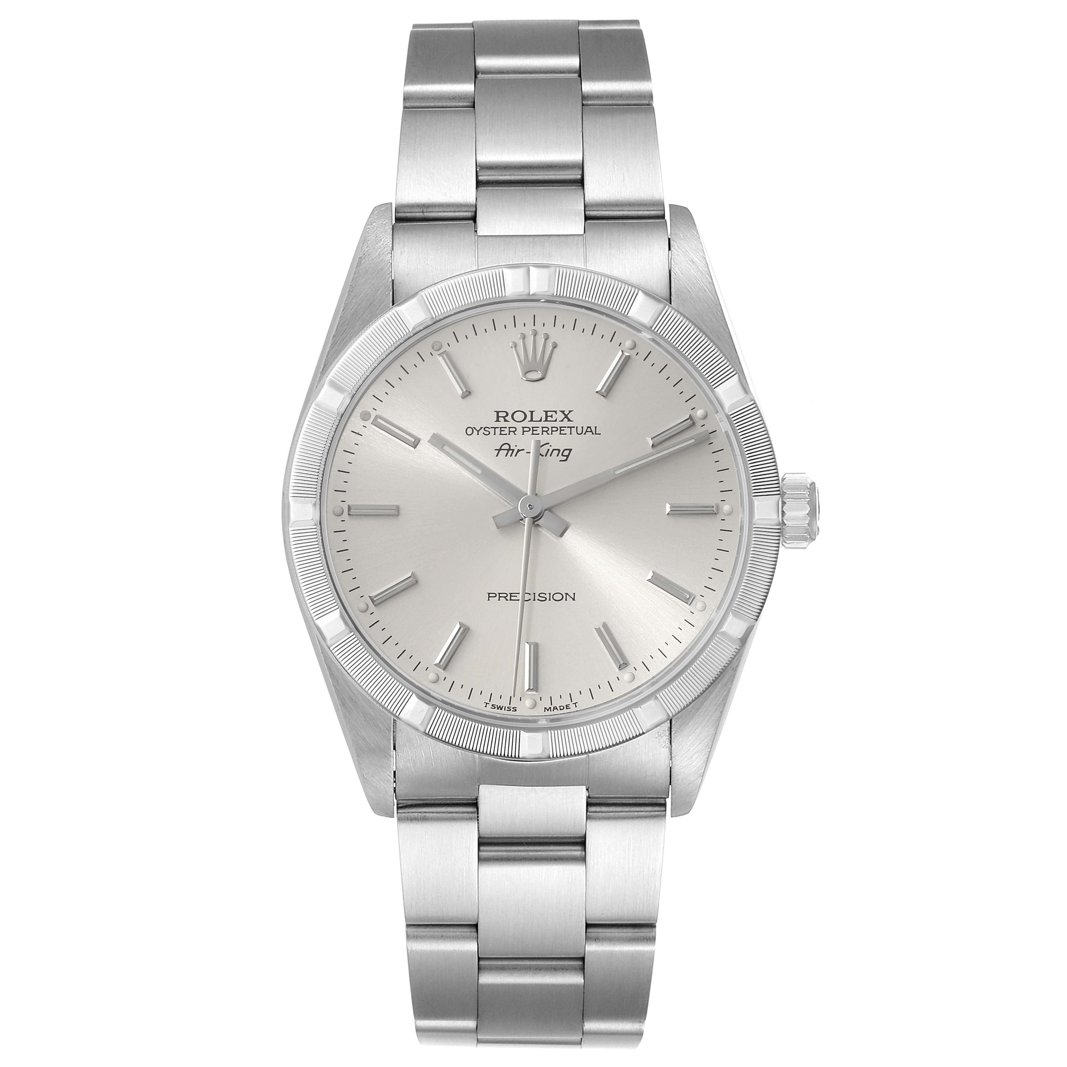 Rolex Air King Silver Dial 34mm Engine Turned Bezel Steel Mens Watch 14010