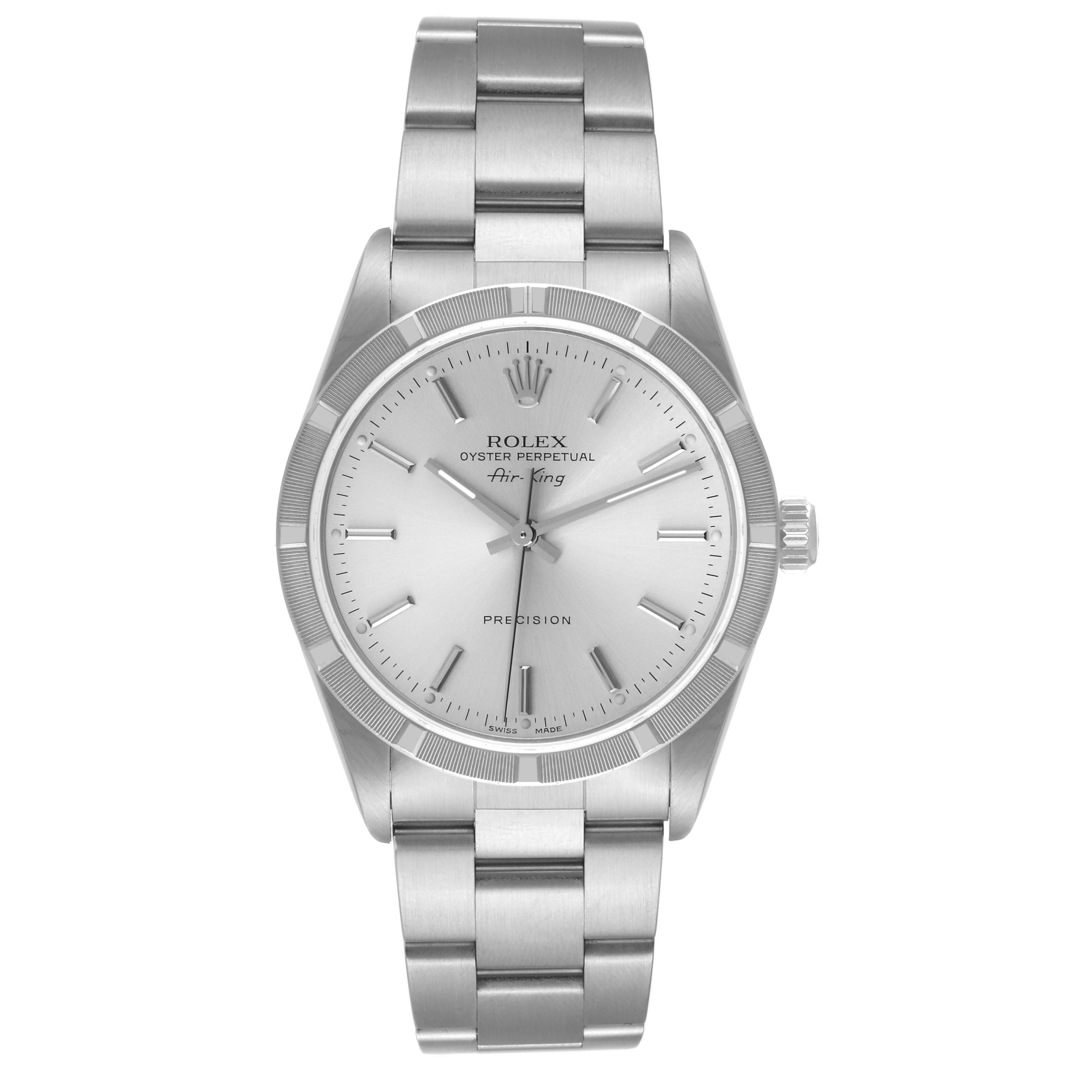 Rolex Air King Silver Dial Engine Turned Bezel Steel Mens Watch 14010