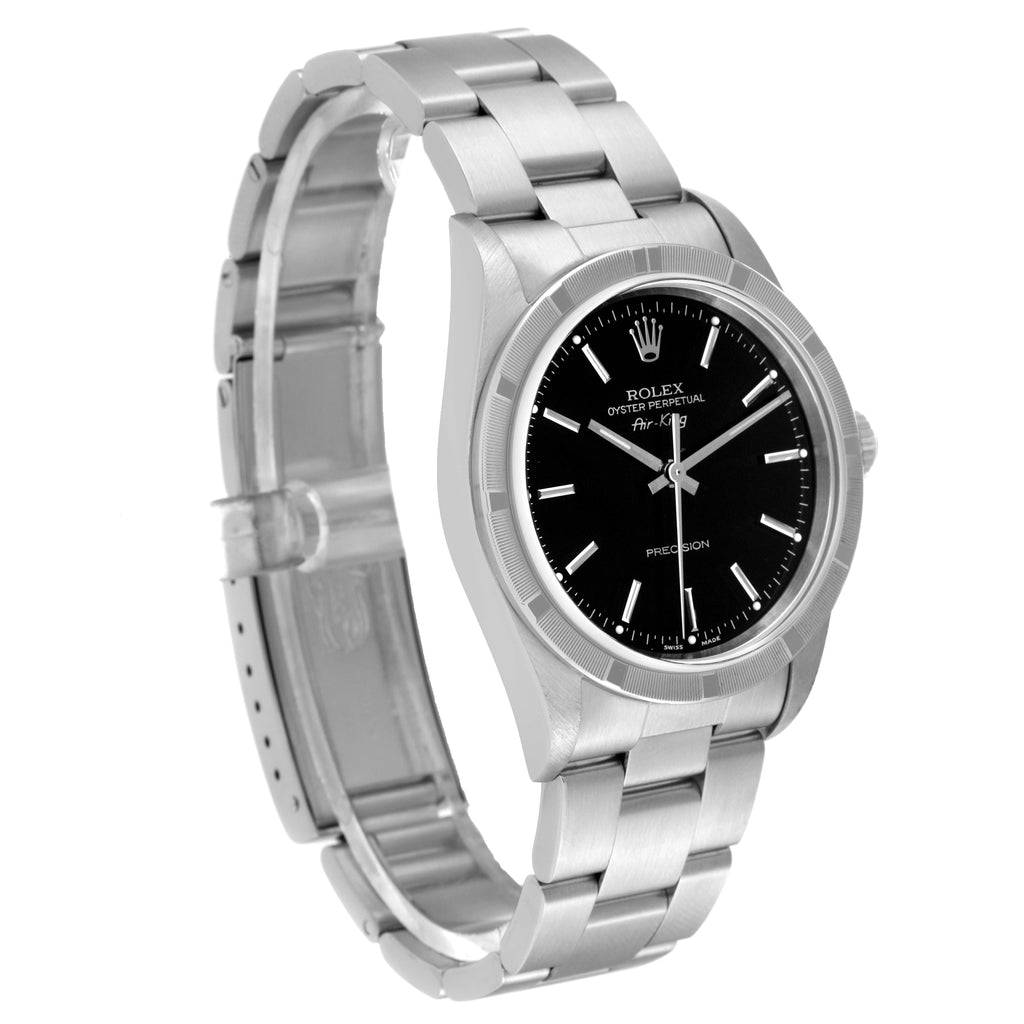 Rolex Air King Steel Engine Turned Bezel Black Dial Mens Watch 14010
