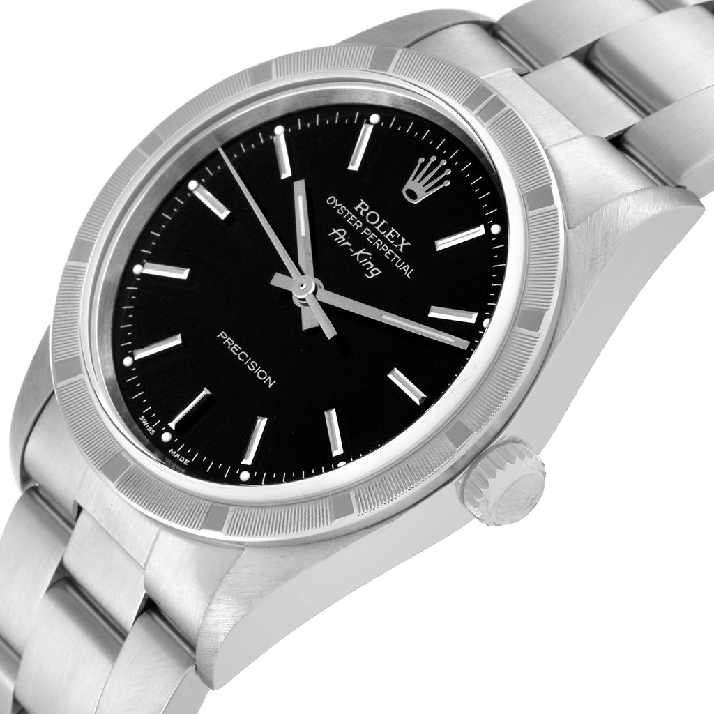 Rolex Air King Steel Engine Turned Bezel Black Dial Mens Watch 14010