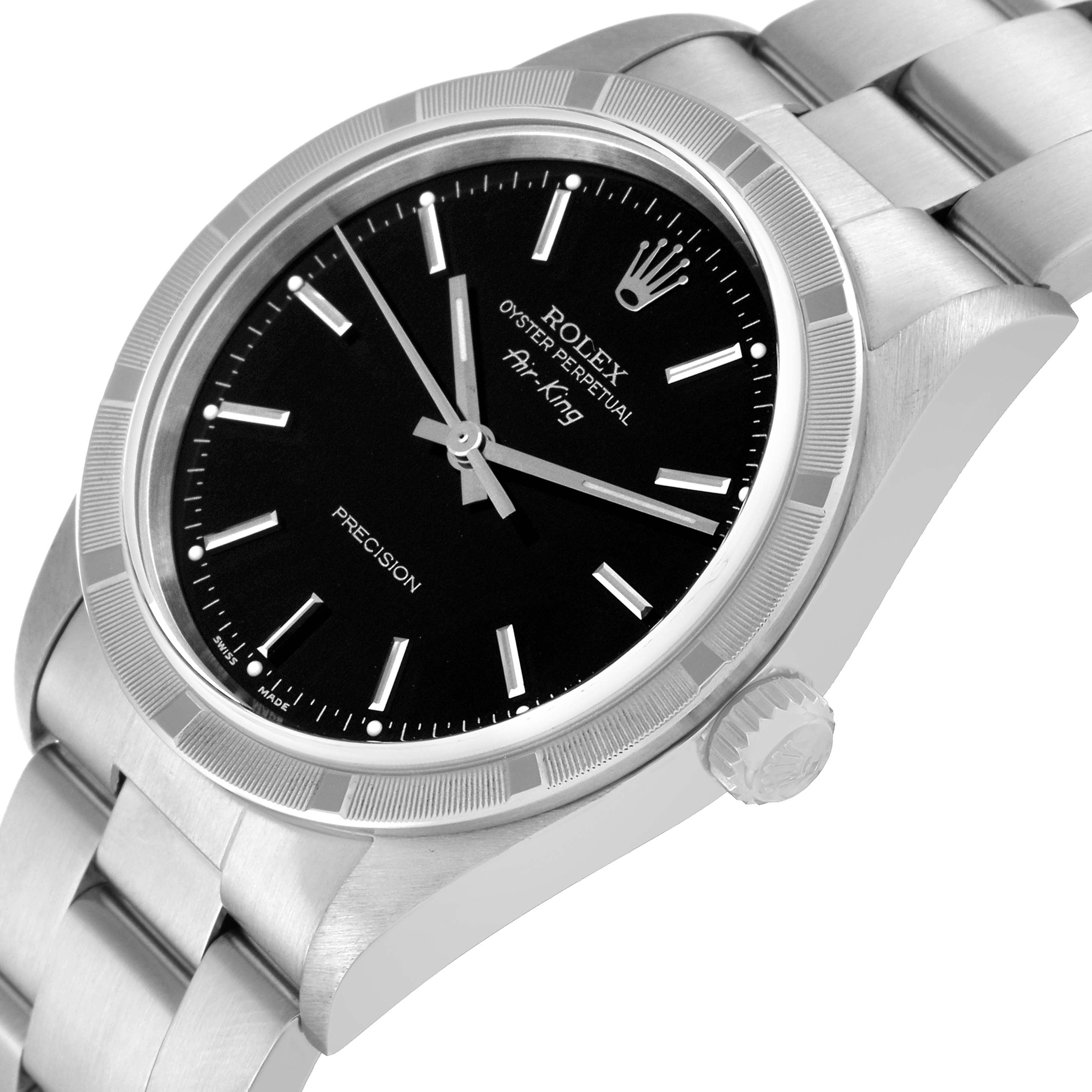 Rolex Air King Steel Engine Turned Bezel Black Dial Mens Watch 14010