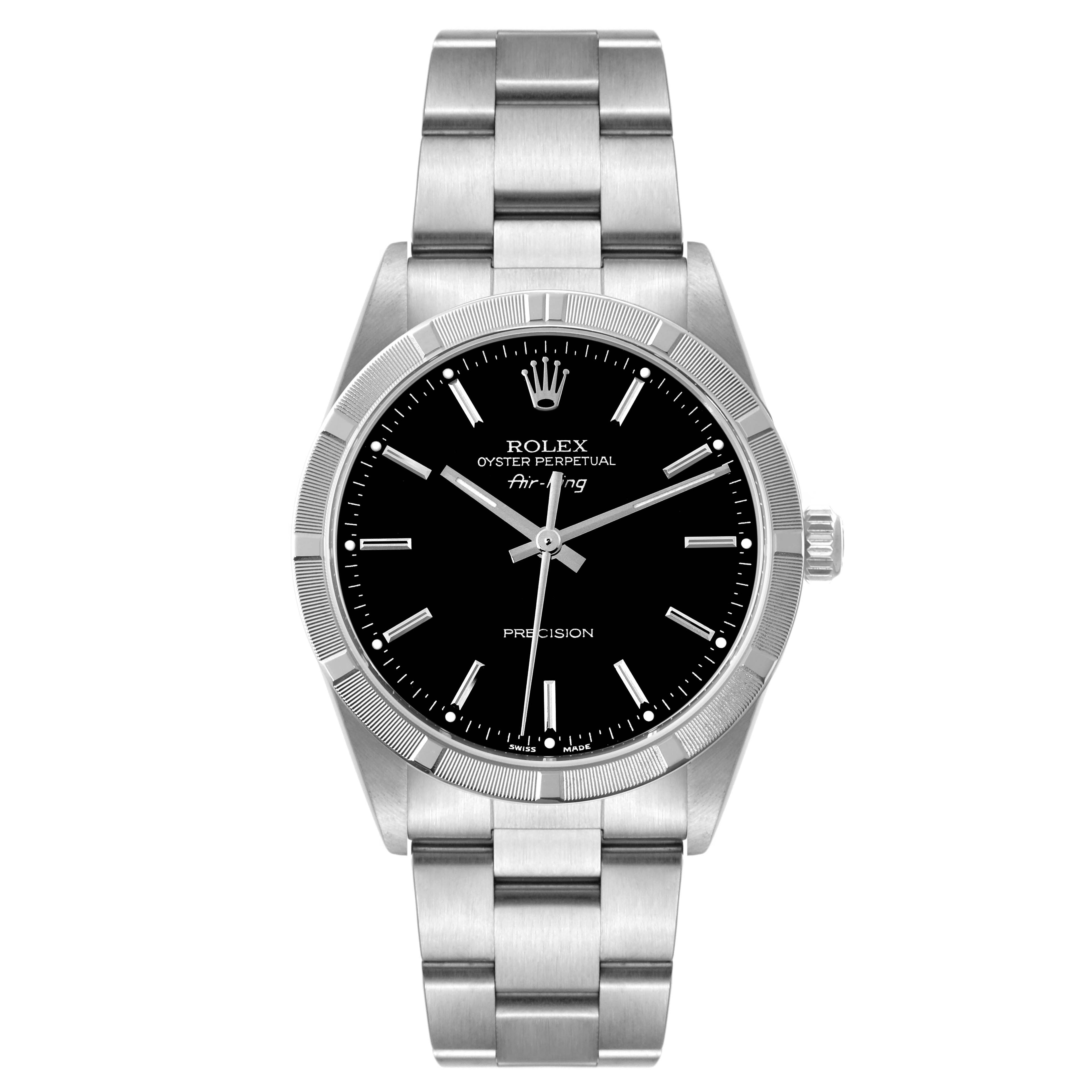 Rolex Air King Steel Engine Turned Bezel Black Dial Mens Watch 14010