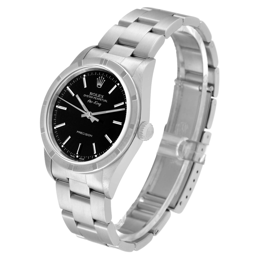 Rolex Air King Steel Engine Turned Bezel Black Dial Mens Watch 14010