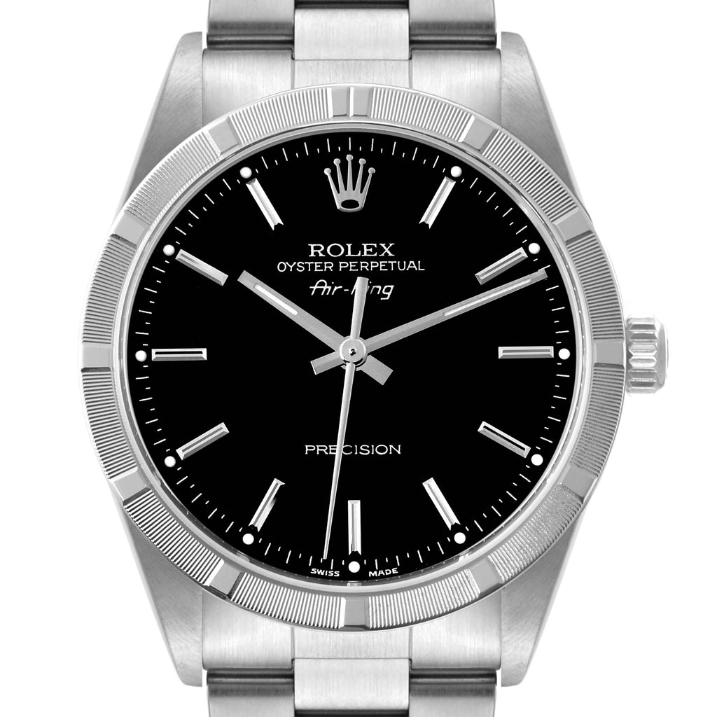 Rolex Air King Steel Engine Turned Bezel Black Dial Mens Watch 14010