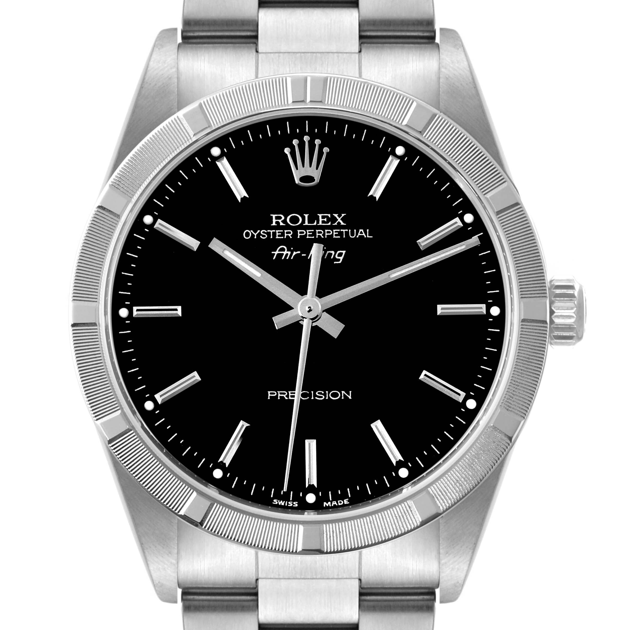 Rolex Air King Steel Engine Turned Bezel Black Dial Mens Watch 14010