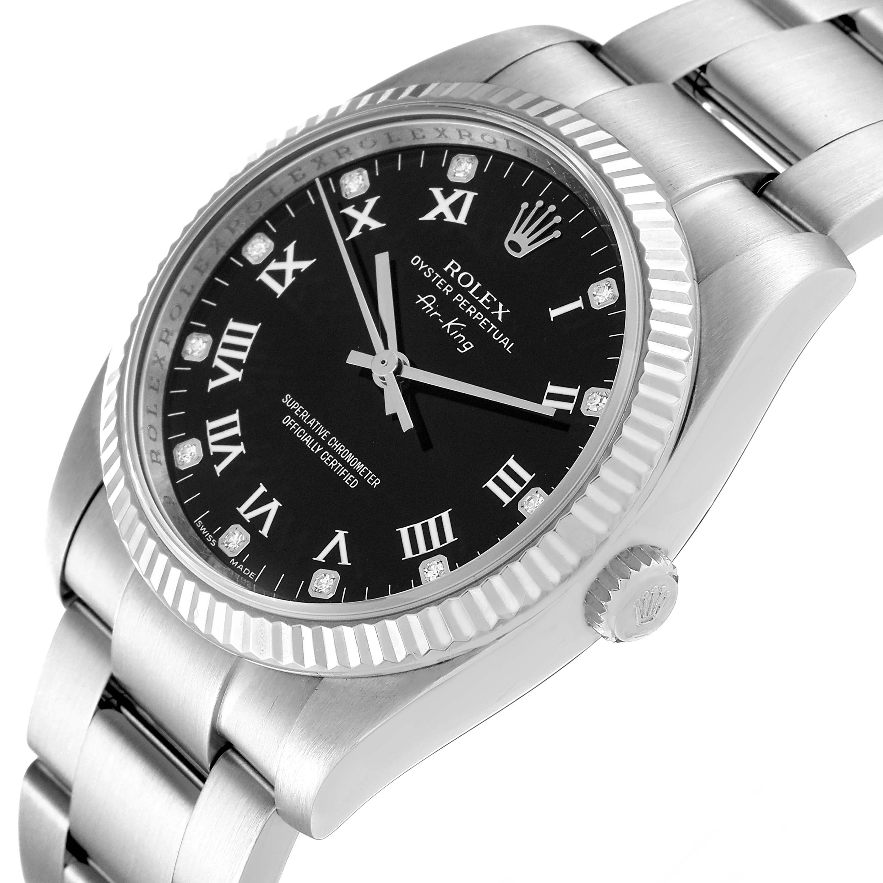 Rolex Air King Steel White Gold Black Diamond Dial Mens Watch 114234
