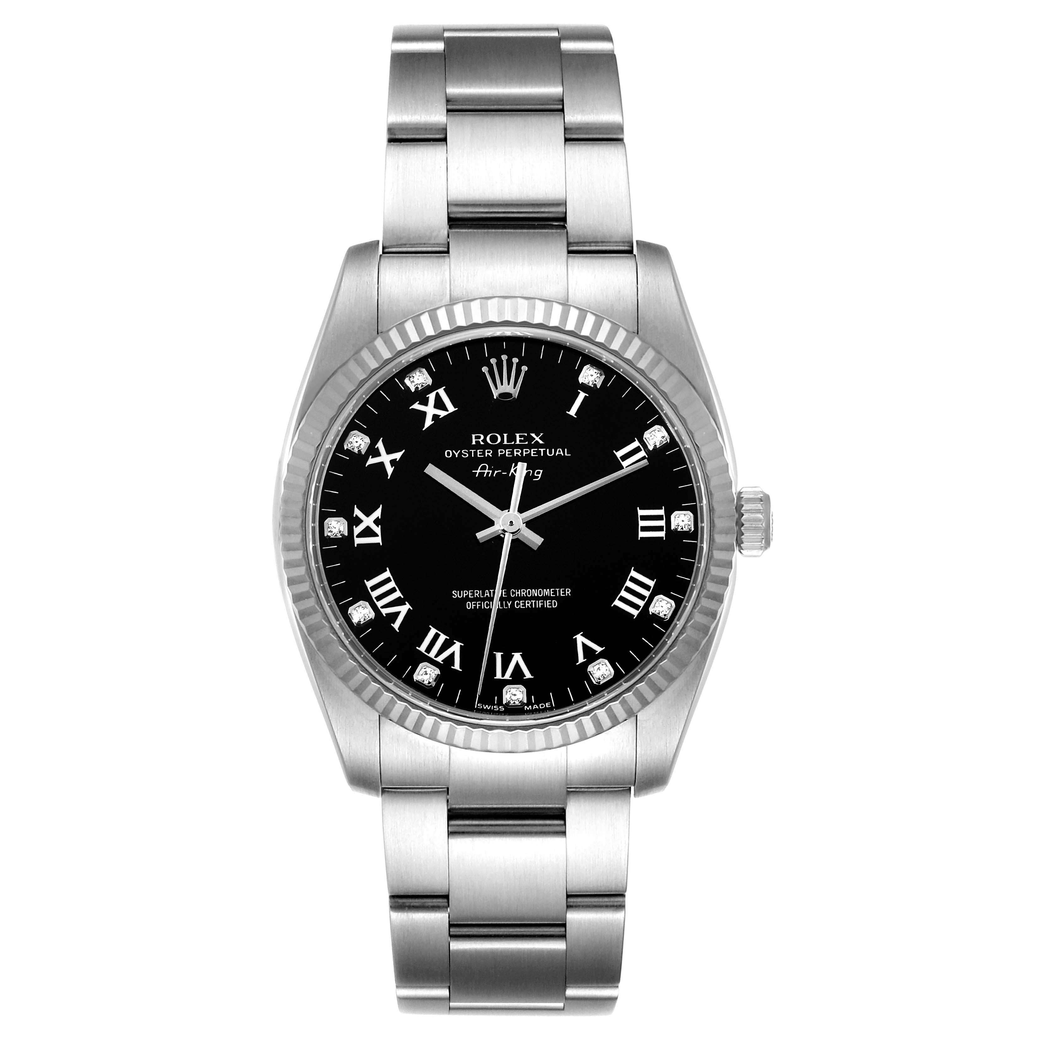 Rolex Air King Steel White Gold Black Diamond Dial Mens Watch 114234