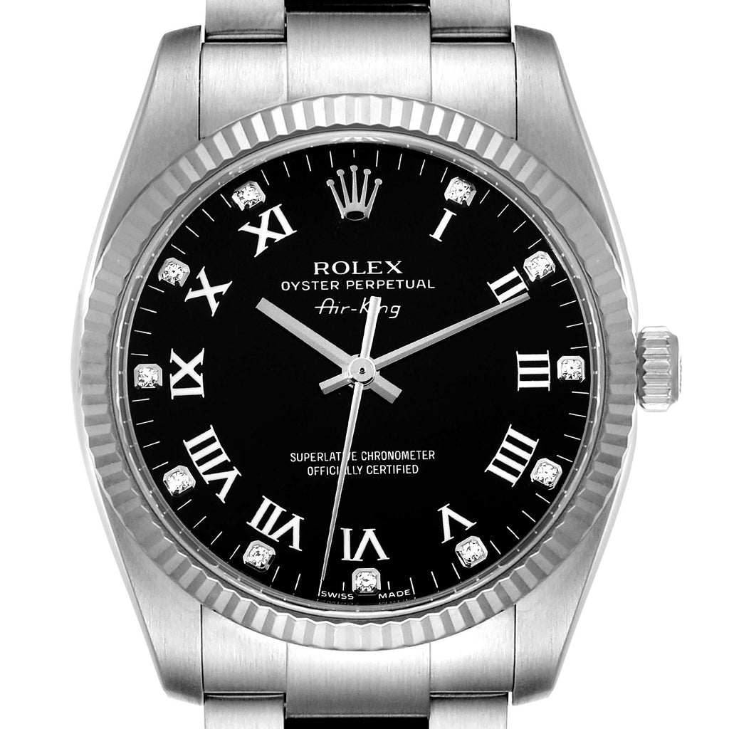 Rolex Air King Steel White Gold Black Diamond Dial Mens Watch 114234