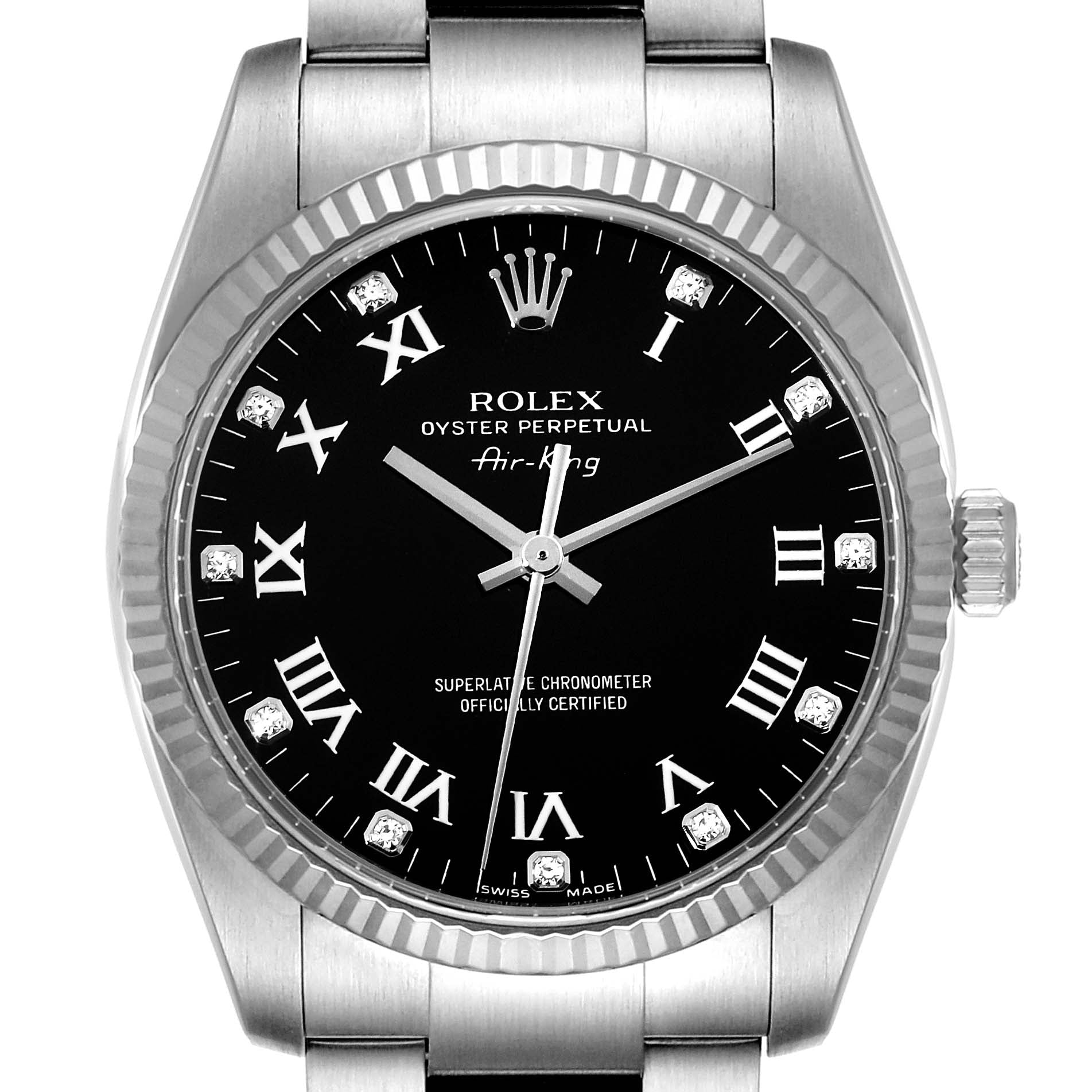 Rolex Air King Steel White Gold Black Diamond Dial Mens Watch 114234