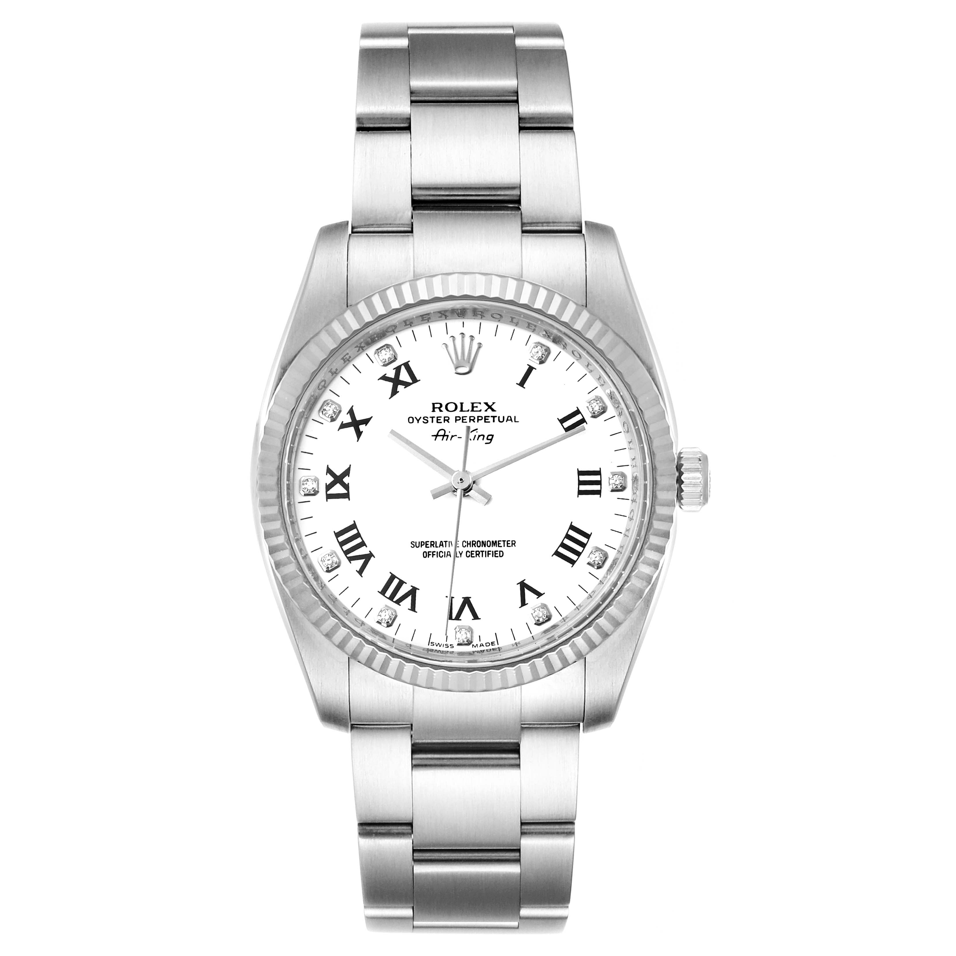 Rolex Air King Steel White Gold White Dial Diamond Watch 114234 Box Card