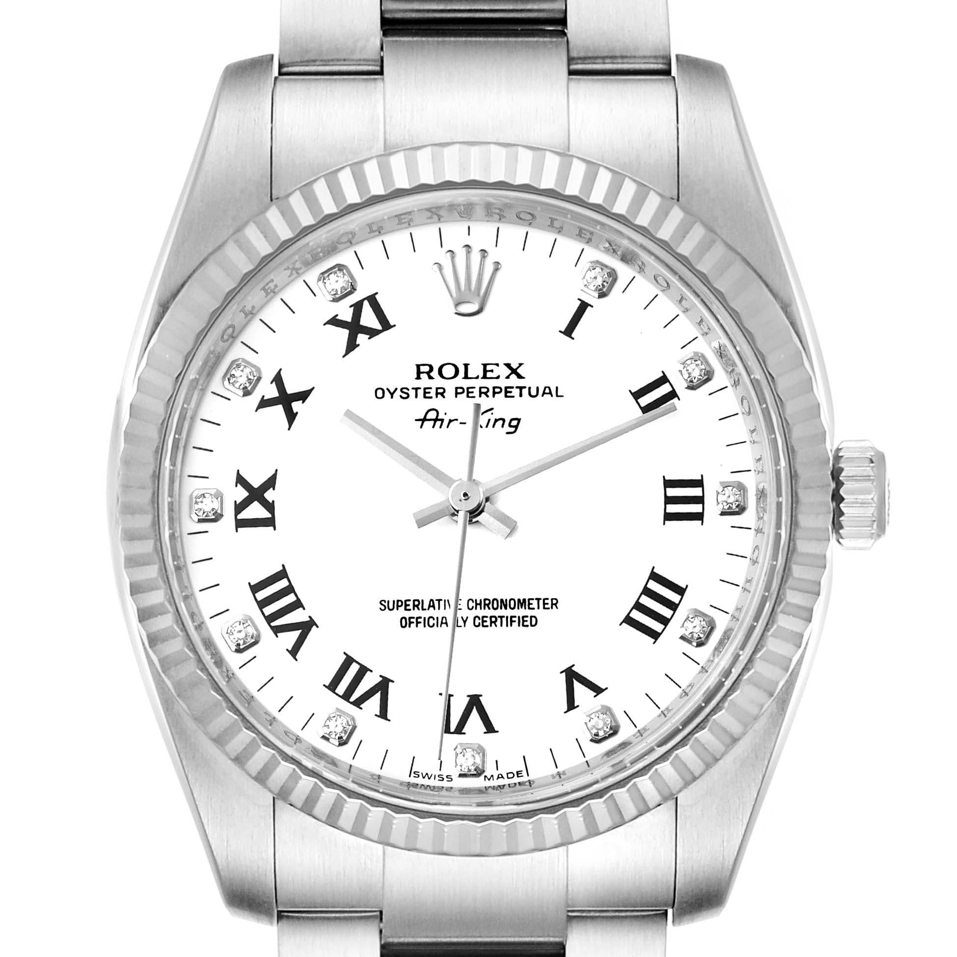 Rolex Air King Steel White Gold White Dial Diamond Watch 114234 Box Card