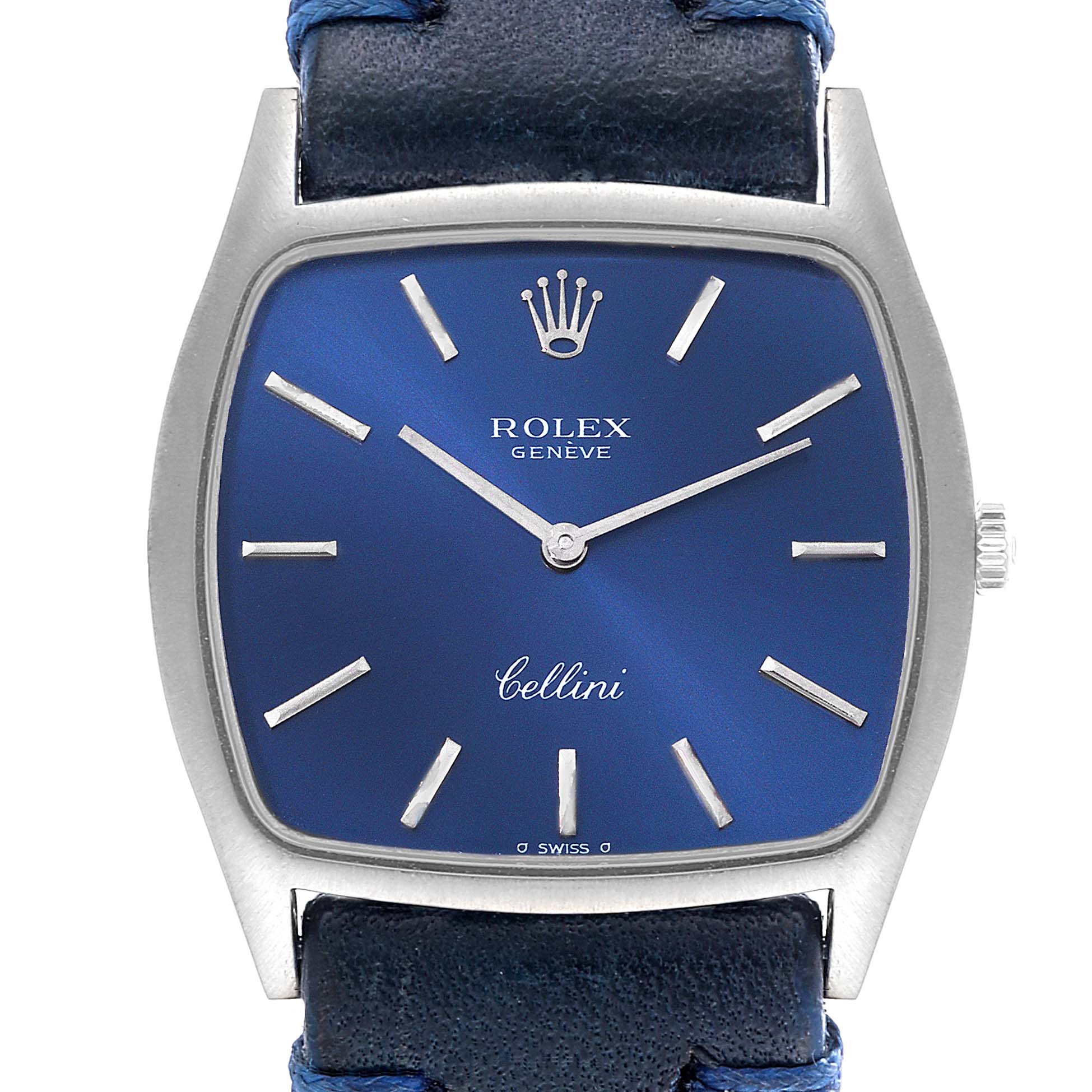 Rolex Cellini 18k White Gold Blue Strap Mens Vintage Watch 3805
