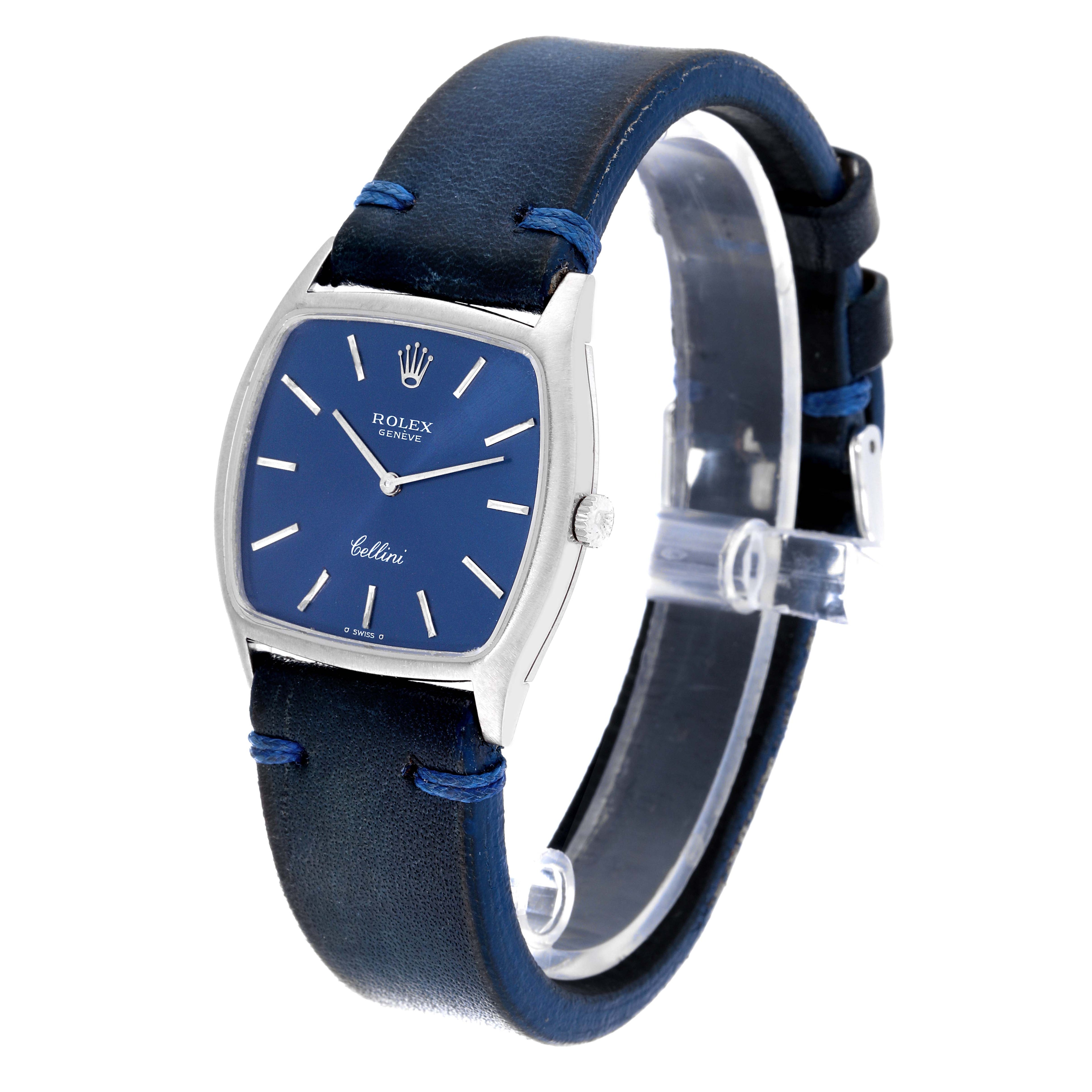 Rolex Cellini 18k White Gold Blue Strap Mens Vintage Watch 3805