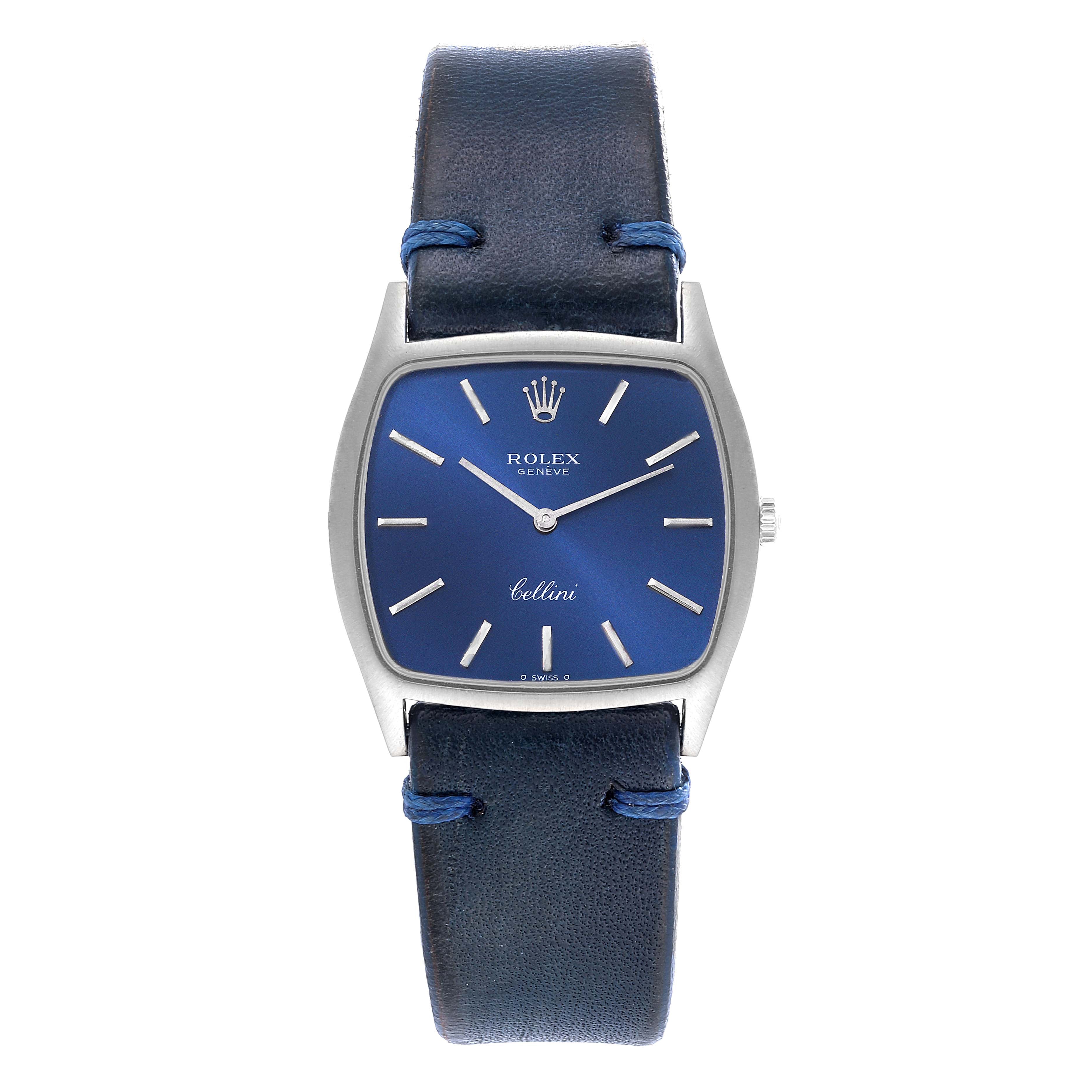Rolex Cellini 18k White Gold Blue Strap Mens Vintage Watch 3805