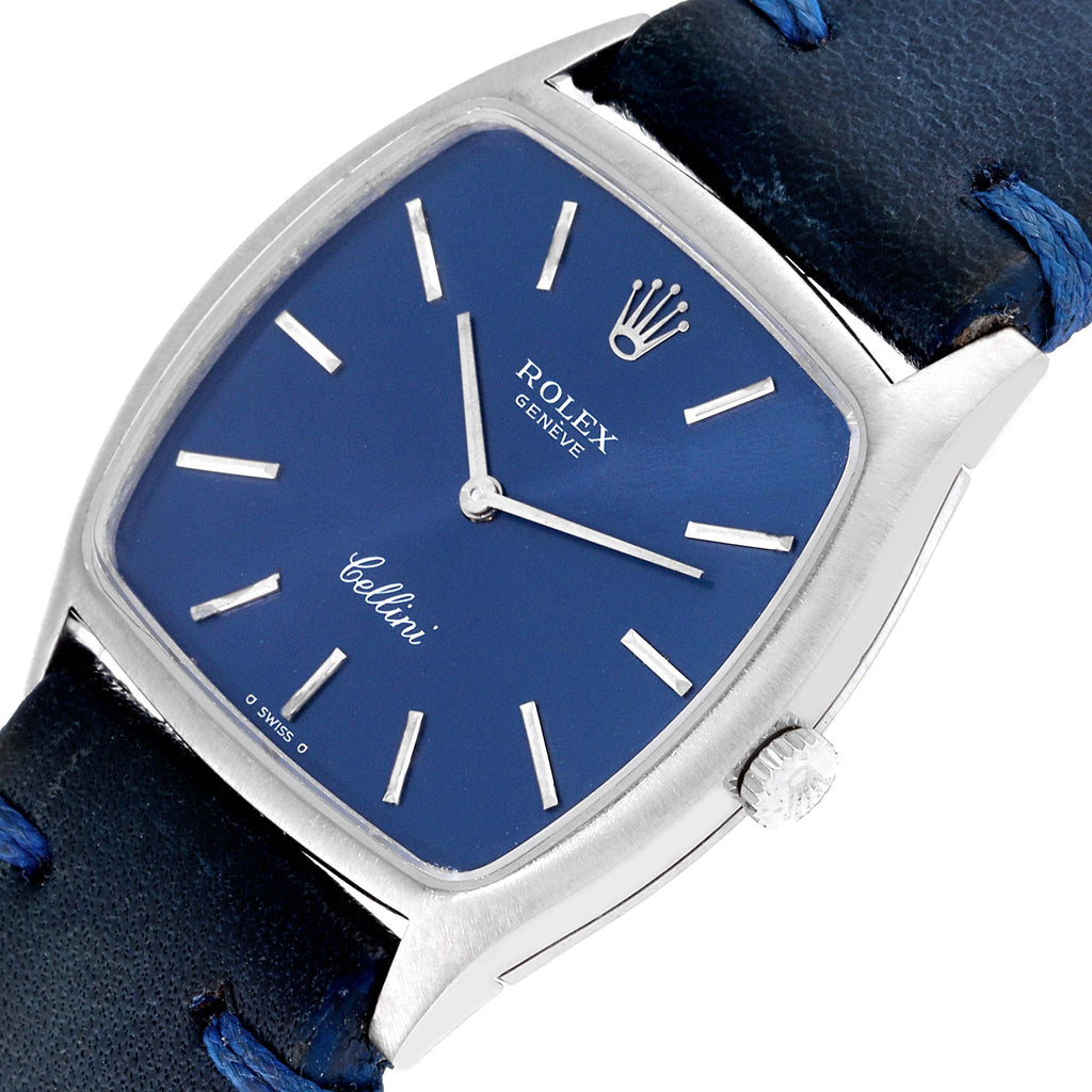 Rolex Cellini 18k White Gold Blue Strap Mens Vintage Watch 3805
