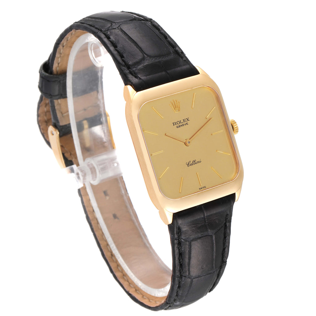 Rolex Cellini 18k Yellow Gold Black Strap Mens Vintage Watch 4135
