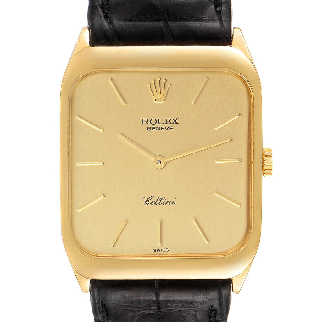 Rolex Cellini 18k Yellow Gold Black Strap Mens Vintage Watch 4135
