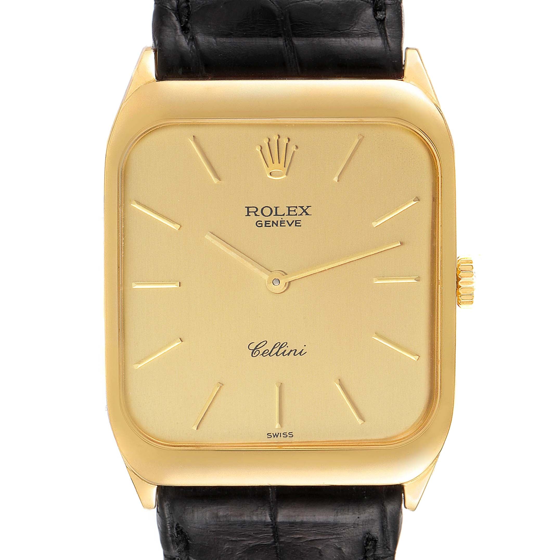 Rolex Cellini 18k Yellow Gold Black Strap Mens Vintage Watch 4135