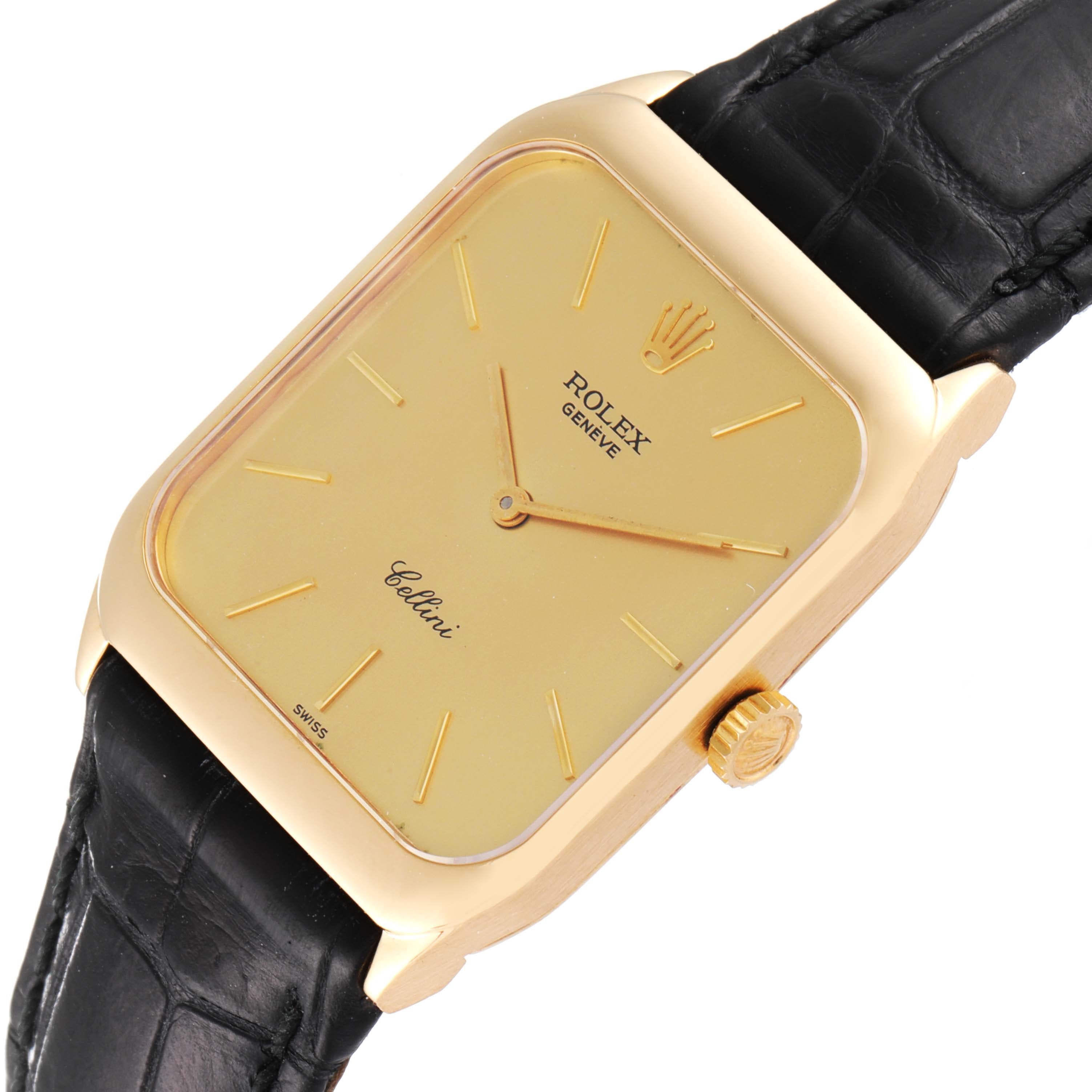 Rolex Cellini 18k Yellow Gold Black Strap Mens Vintage Watch 4135