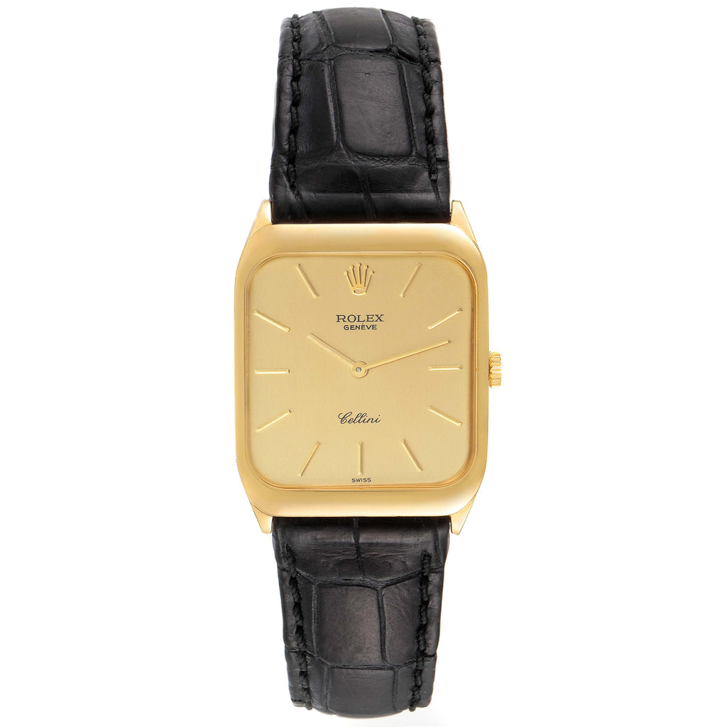 Rolex Cellini 18k Yellow Gold Black Strap Mens Vintage Watch 4135