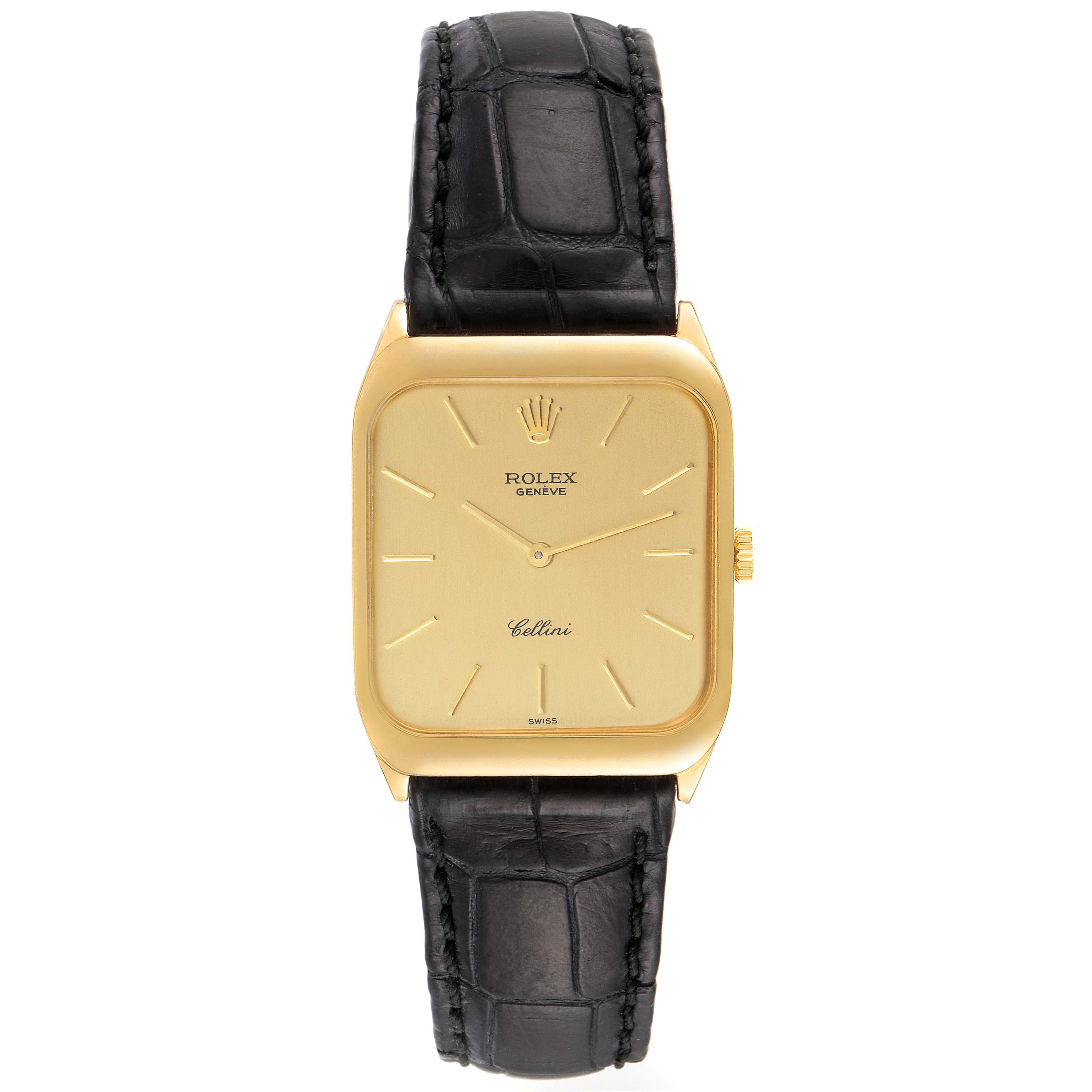 Rolex Cellini 18k Yellow Gold Black Strap Mens Vintage Watch 4135
