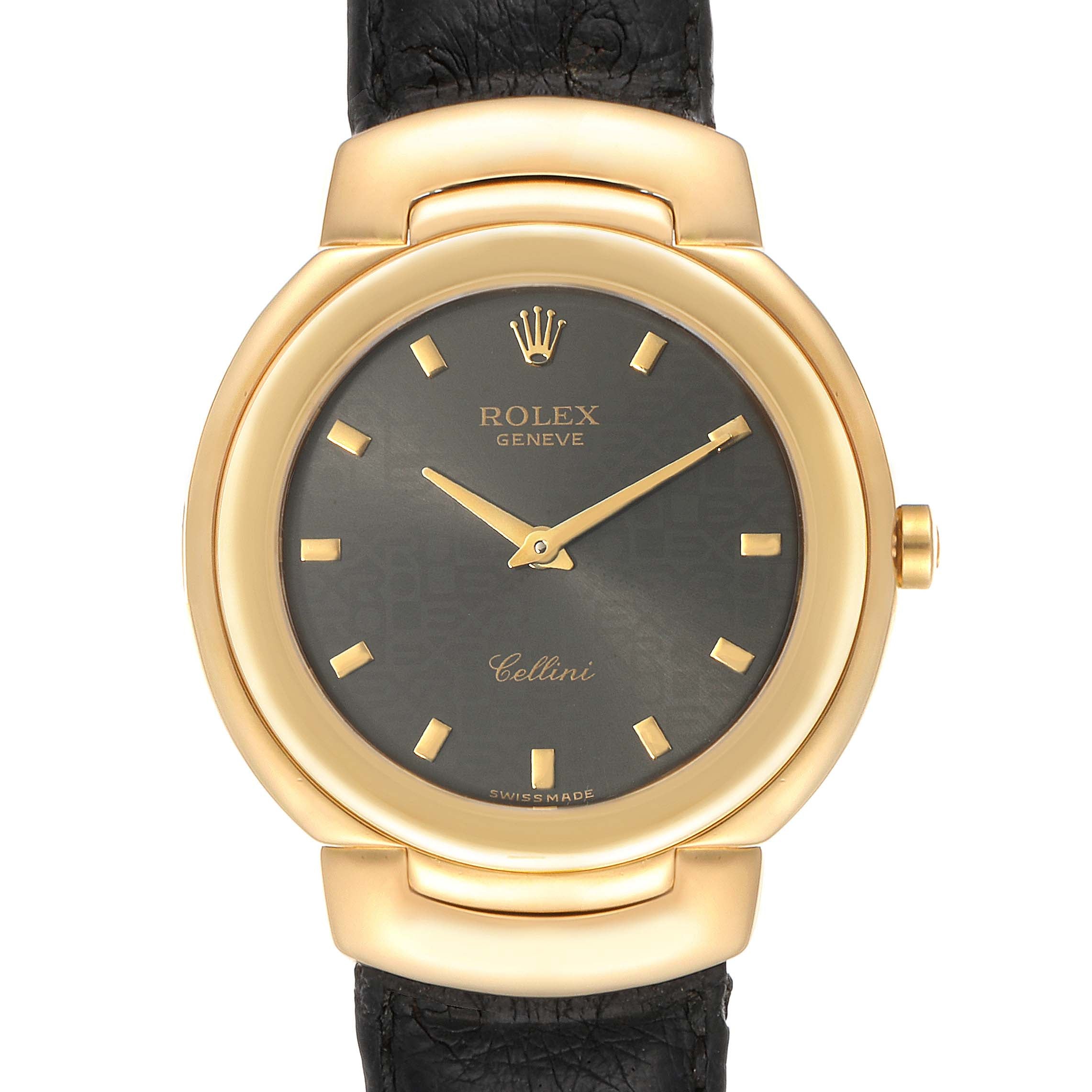 Rolex Cellini 18k Yellow Gold Grey Dial Black Strap Mens Watch 6622