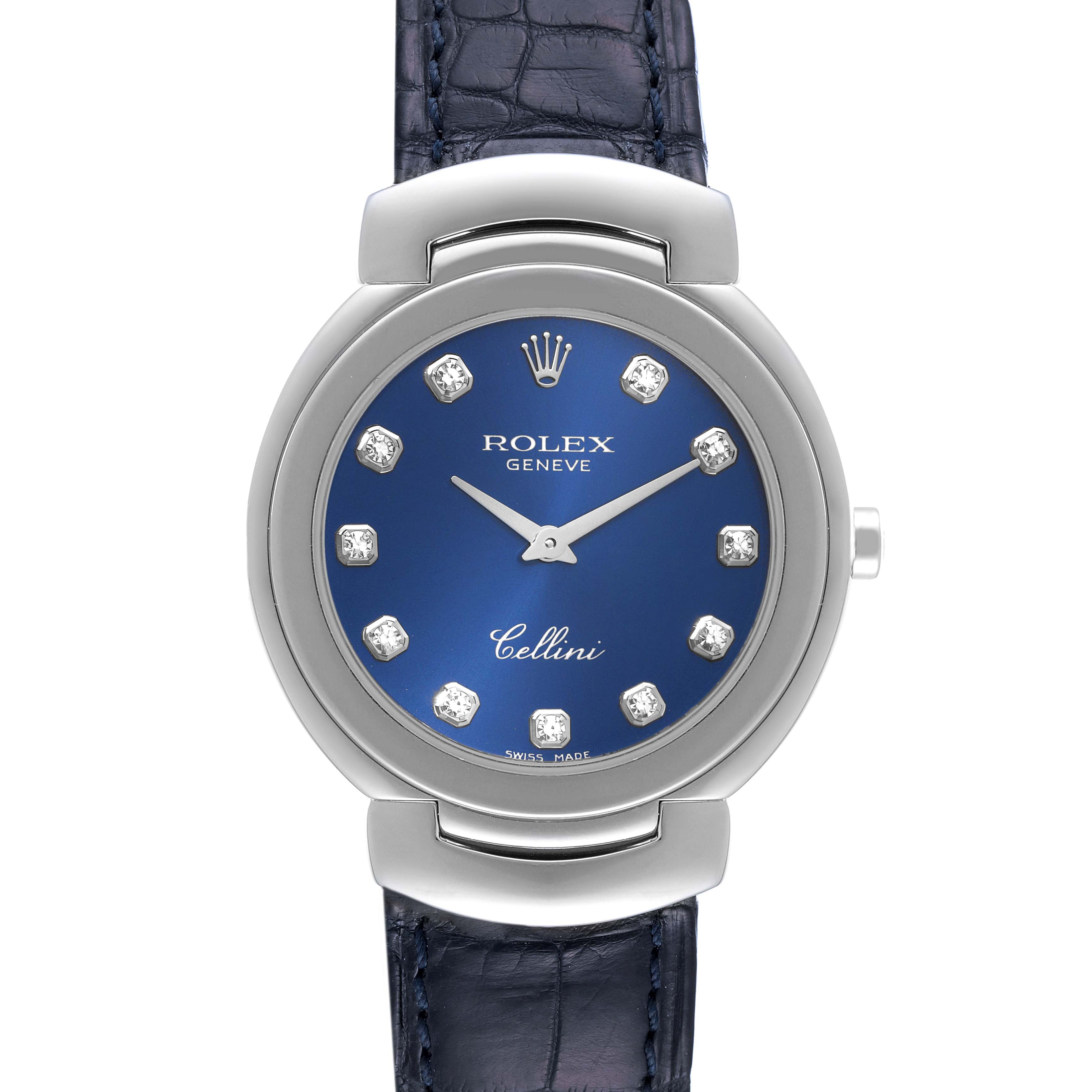 Rolex Cellini Cellissima 33mm White Gold Blue Diamond Dial Ladies Watch 6221