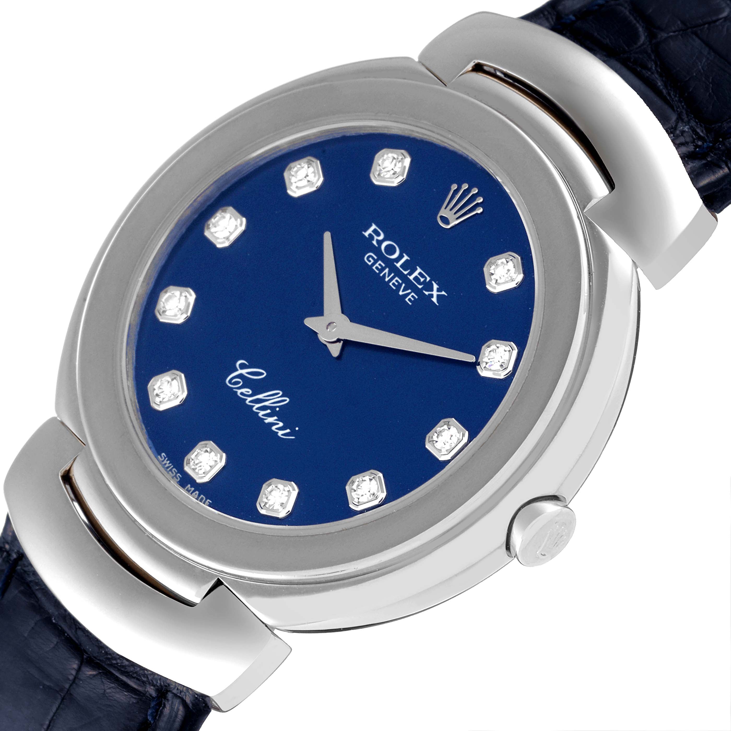 Rolex Cellini Cellissima 33mm White Gold Blue Diamond Dial Ladies Watch 6221