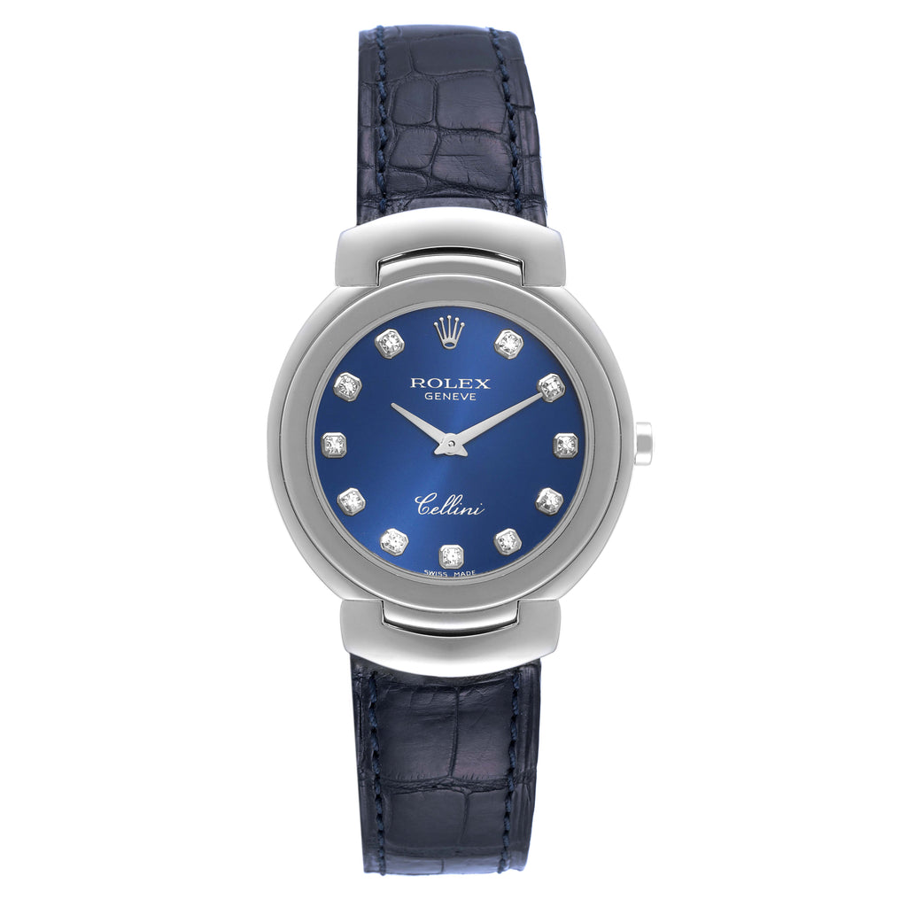 Rolex Cellini Cellissima 33mm White Gold Blue Diamond Dial Ladies Watch 6221