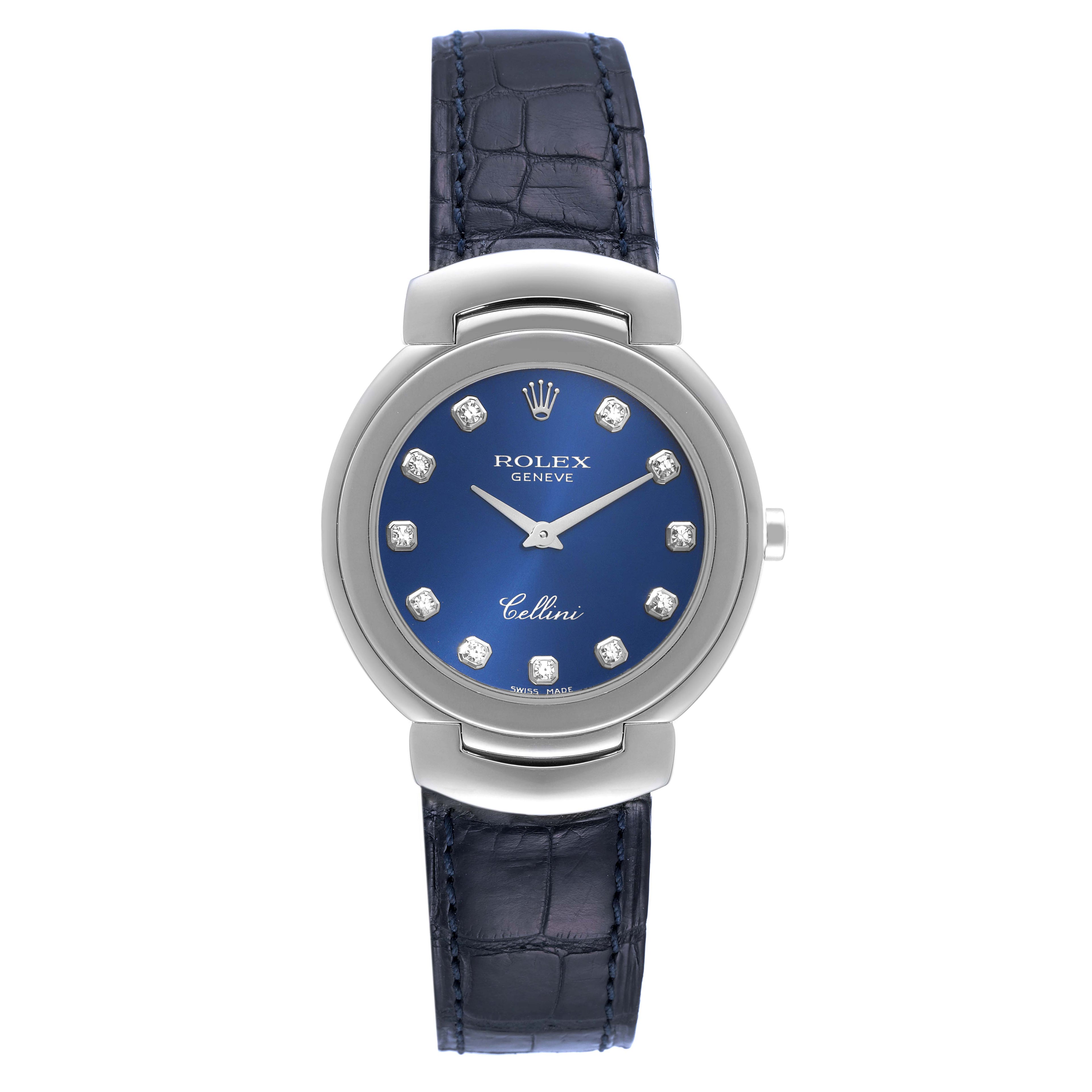 Rolex Cellini Cellissima 33mm White Gold Blue Diamond Dial Ladies Watch 6221