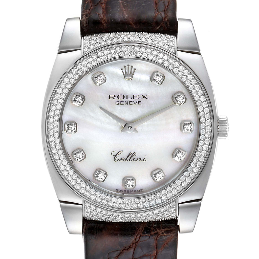 Rolex Cellini Cestello 18K White Gold MOP Diamond Ladies Watch 6321