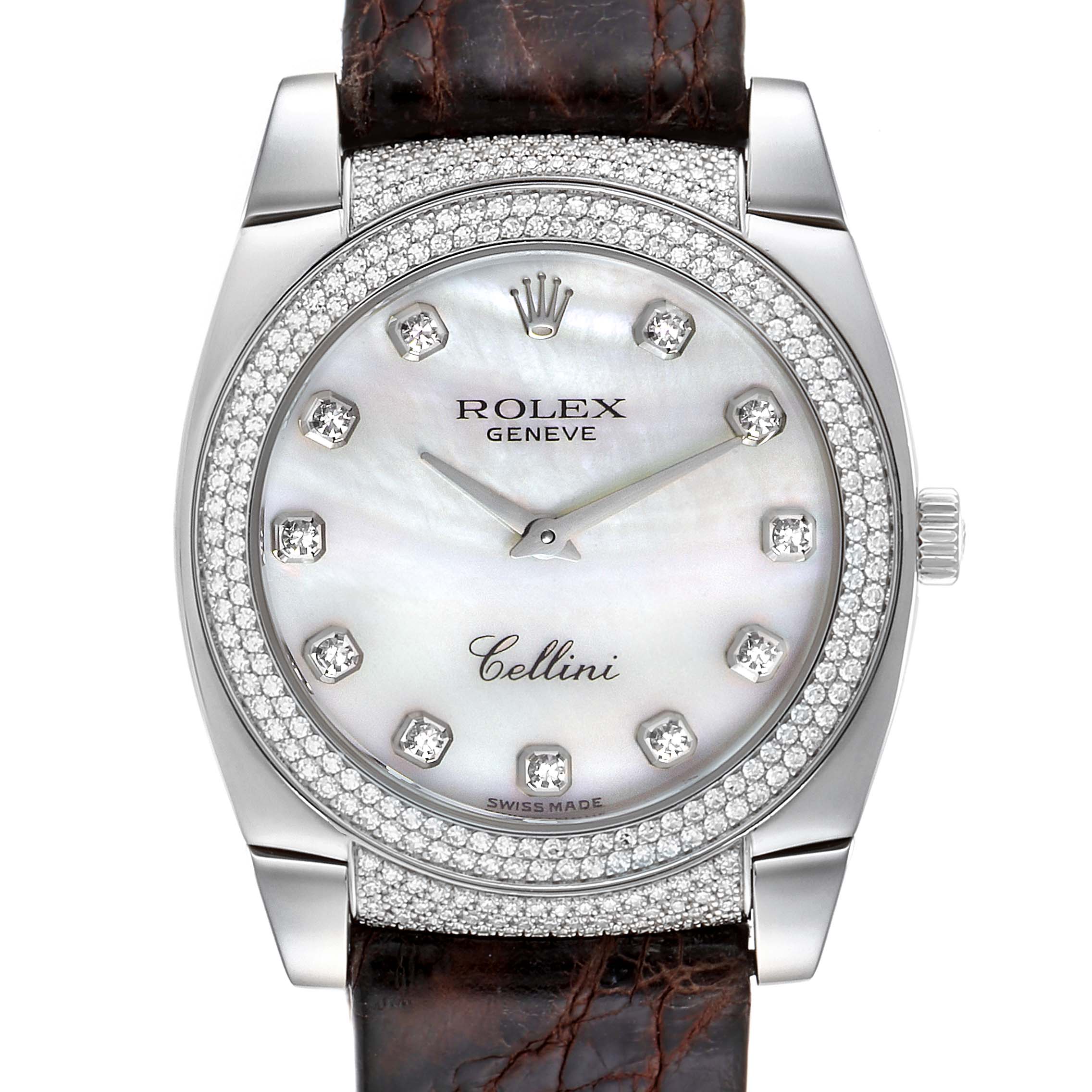 Rolex Cellini Cestello 18K White Gold MOP Diamond Ladies Watch 6321