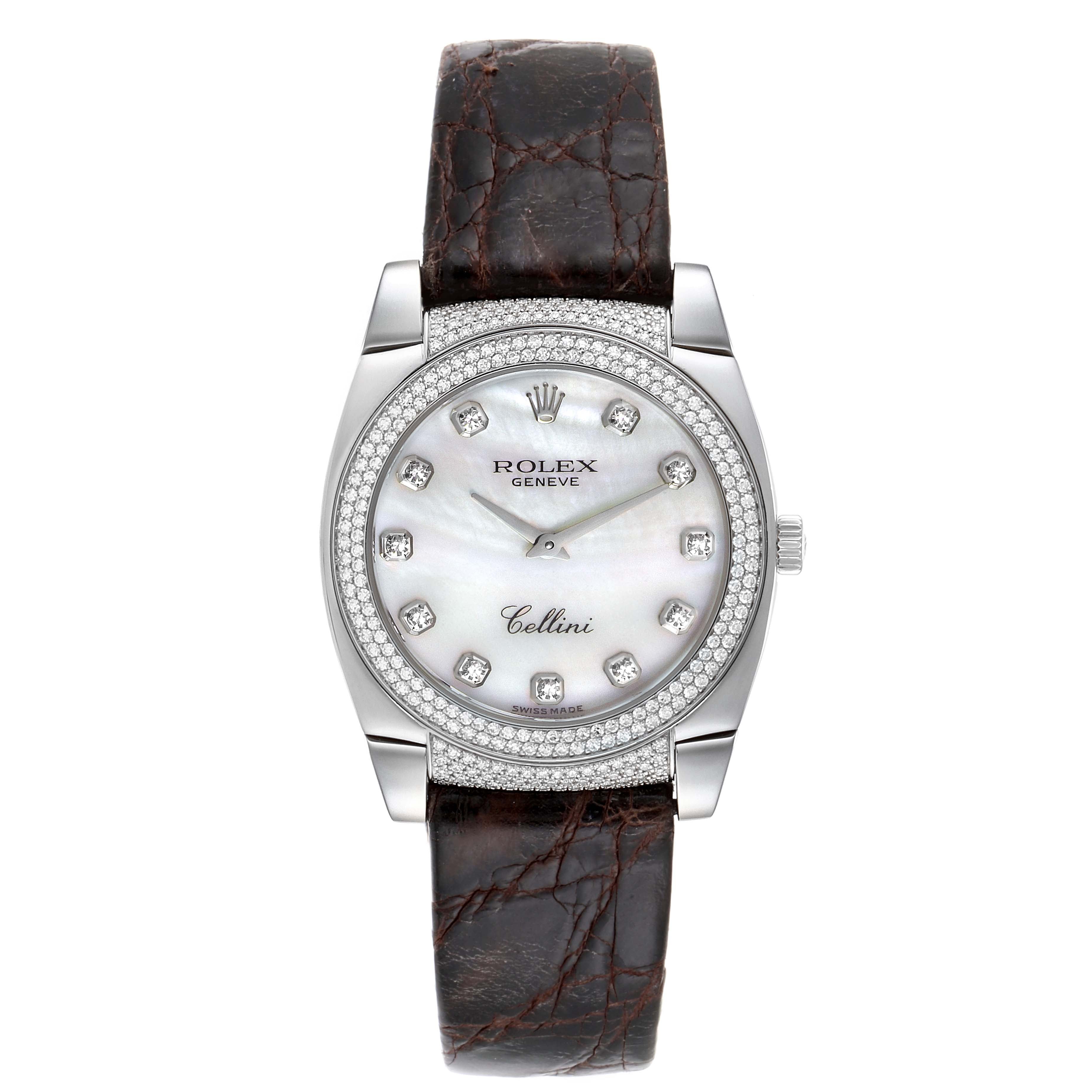 Rolex Cellini Cestello 18K White Gold MOP Diamond Ladies Watch 6321