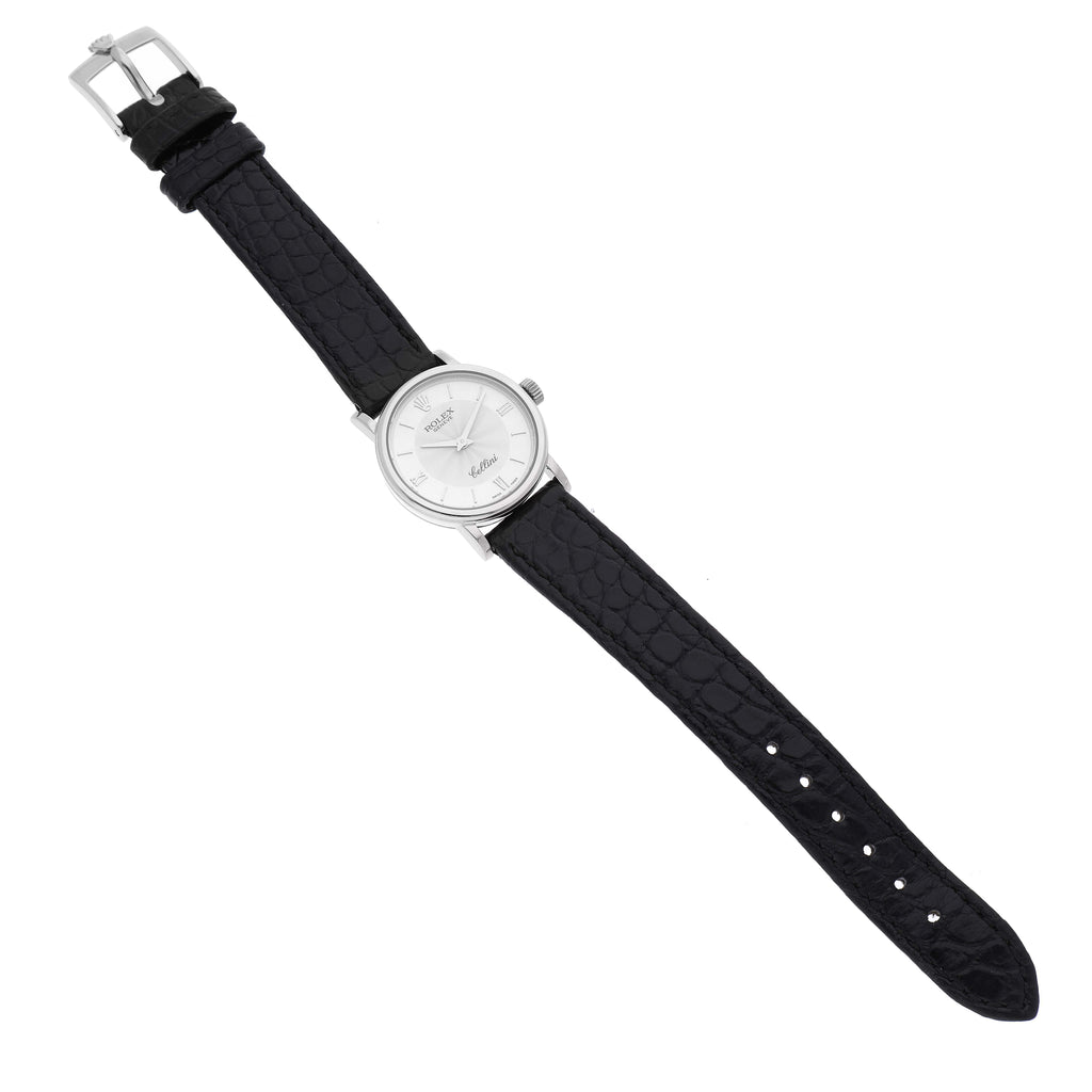 Rolex Cellini Classic 18k White Gold Silver Dial Black Strap Ladies Watch 6110
