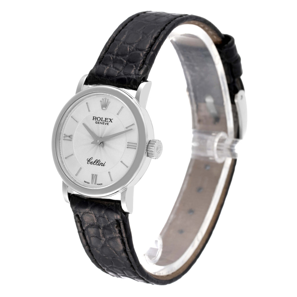 Rolex Cellini Classic 18k White Gold Silver Dial Black Strap Ladies Watch 6110