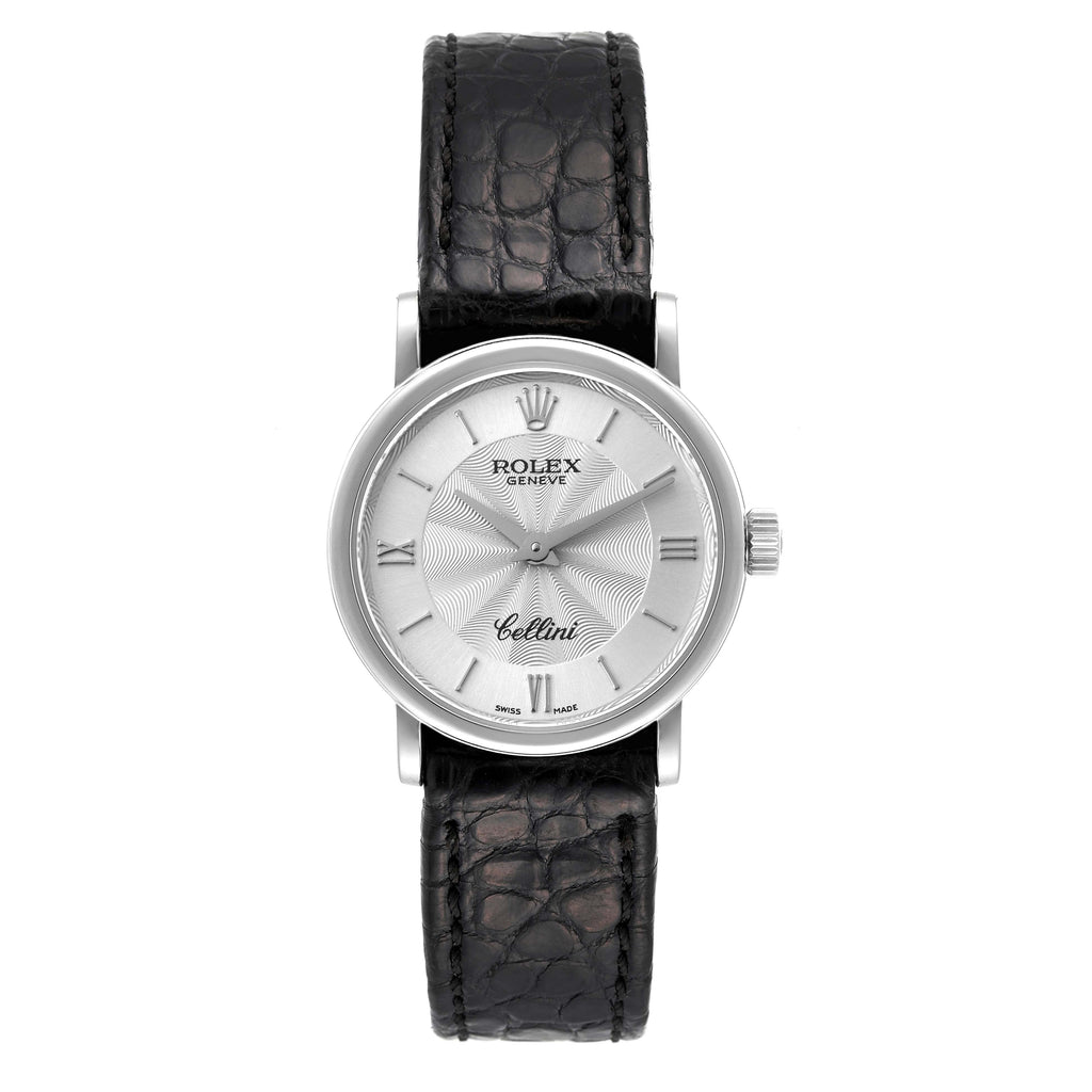 Rolex Cellini Classic 18k White Gold Silver Dial Black Strap Ladies Watch 6110